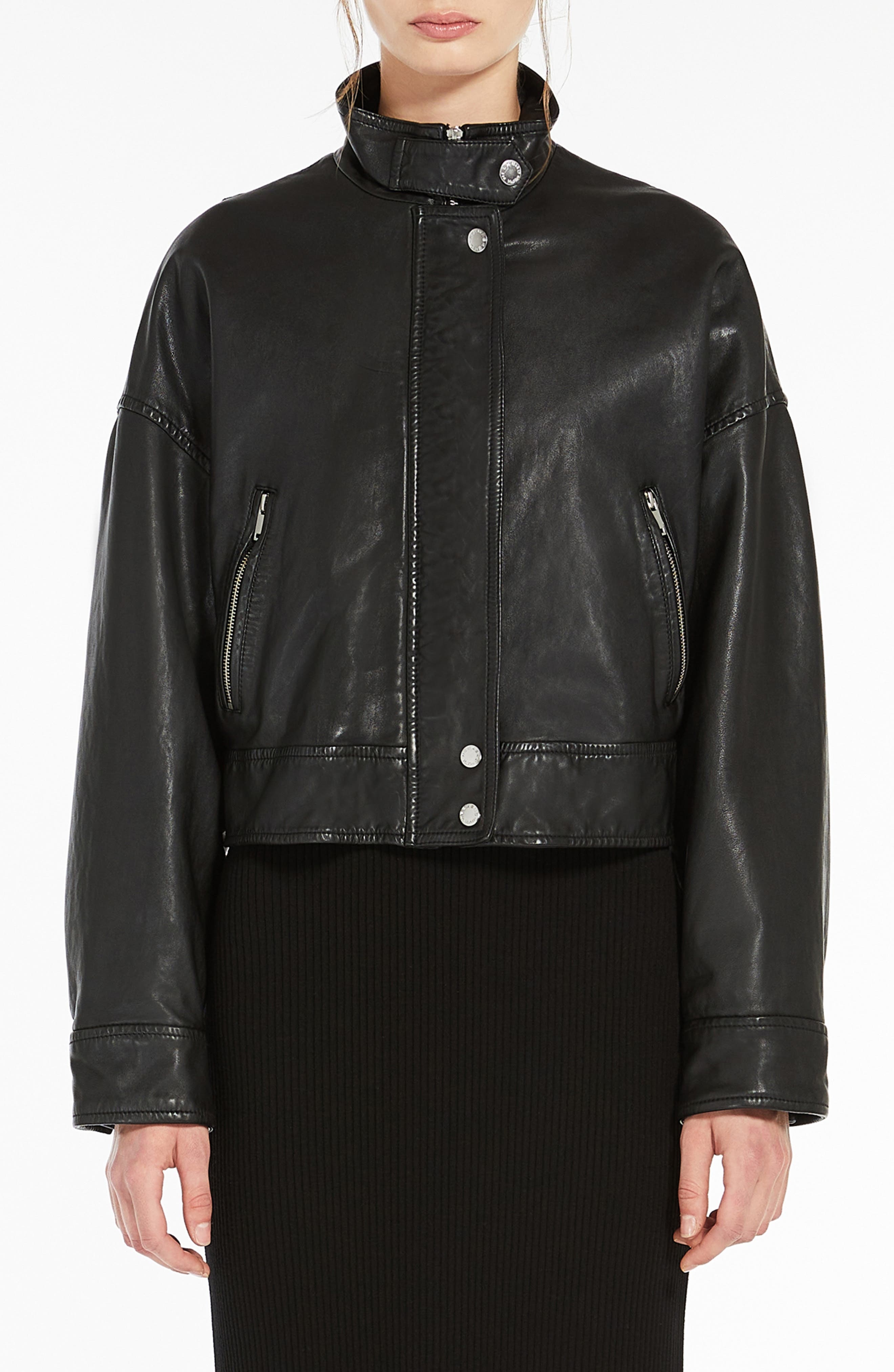 Weekend Max Mara Angel Stand Collar Leather Jacket in Black at Nordstrom - 1