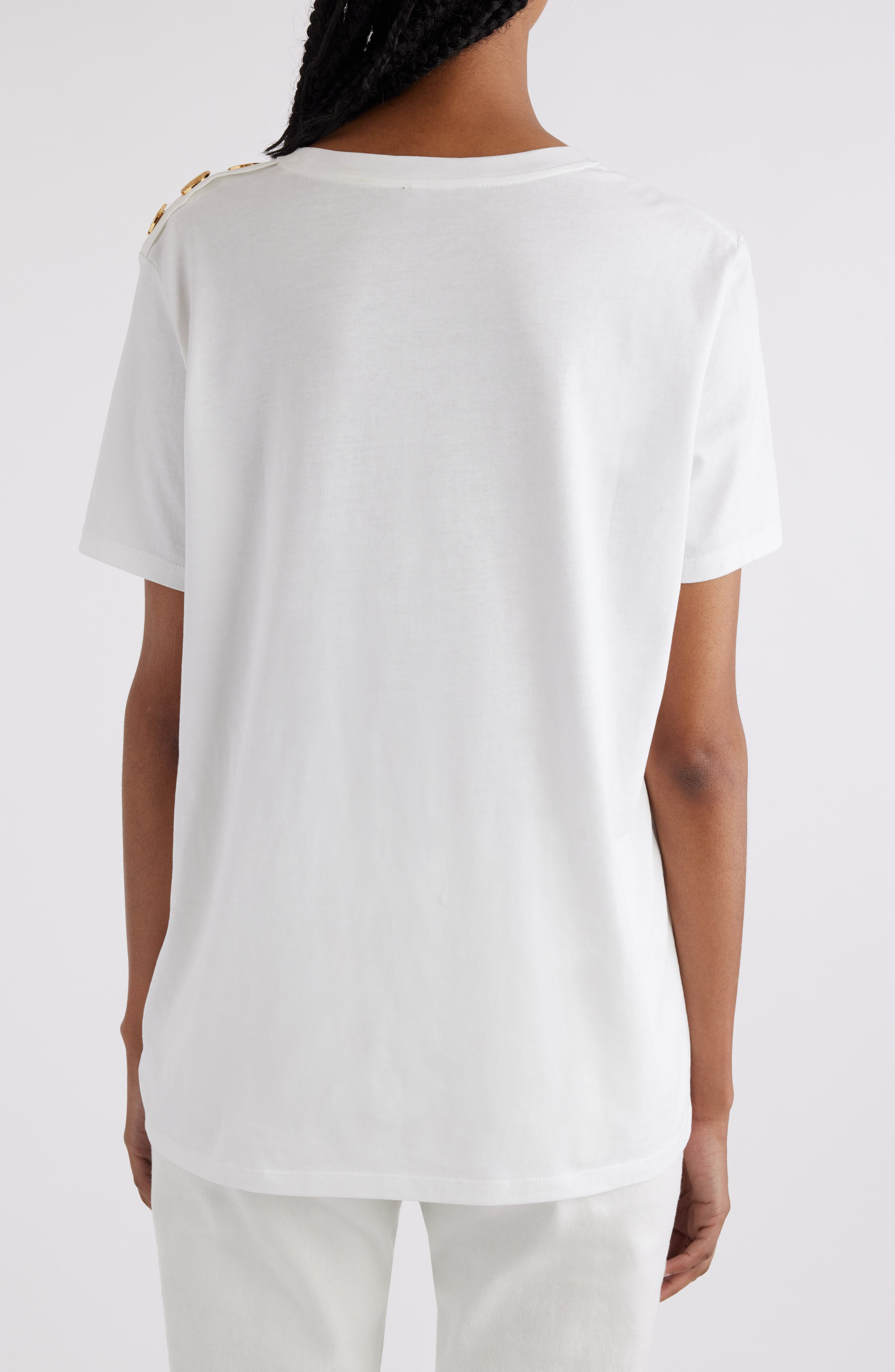 Balmain Button Shoulder Cotton Logo Graphic T-Shirt in Gab White/Black at Nordstrom - 3