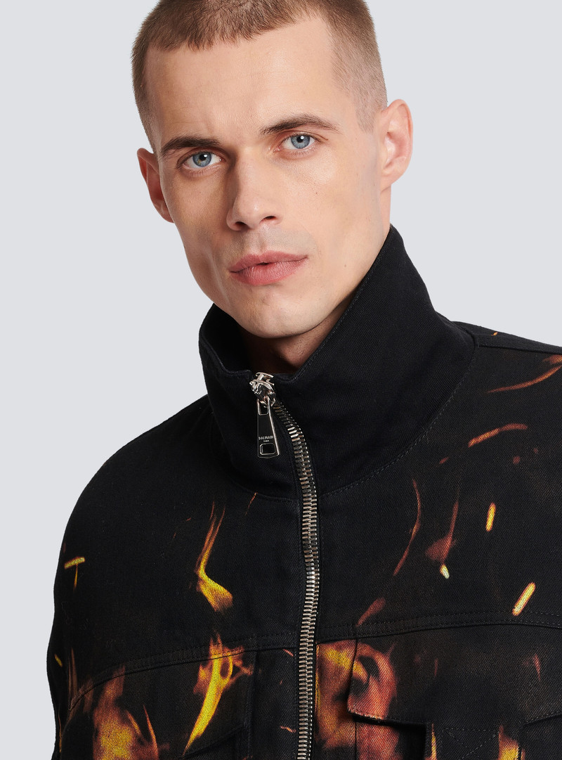 Fire print denim bomber jacket 7