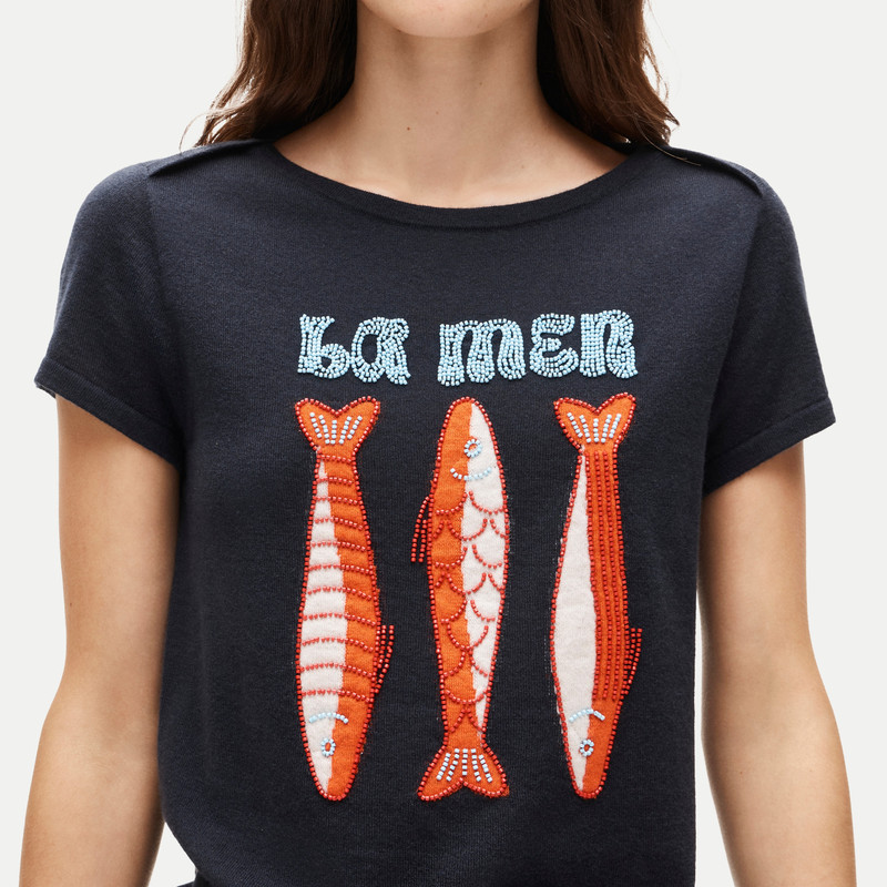 Featherweight cashmere beaded "La mer" graphic sweater-tee 4