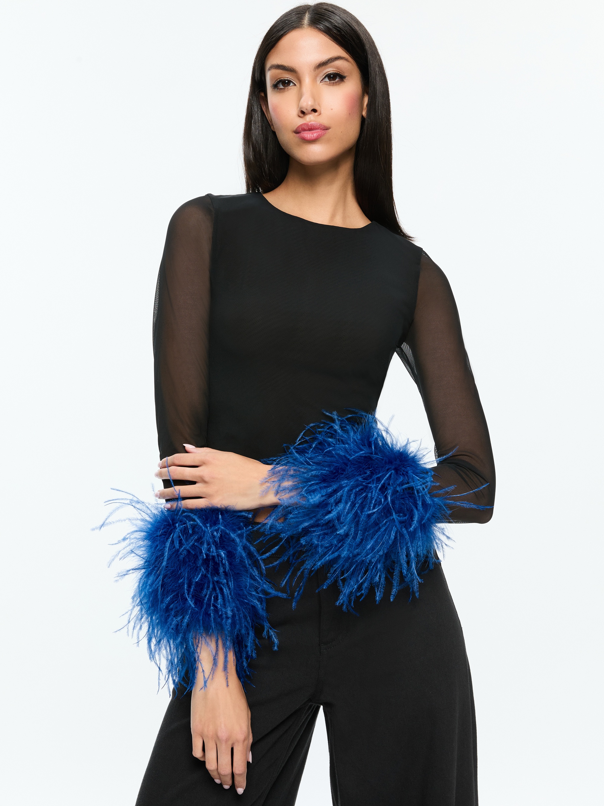 DELAINA MESH FEATHER CUFFED LONG SLEEVE TOP - 2