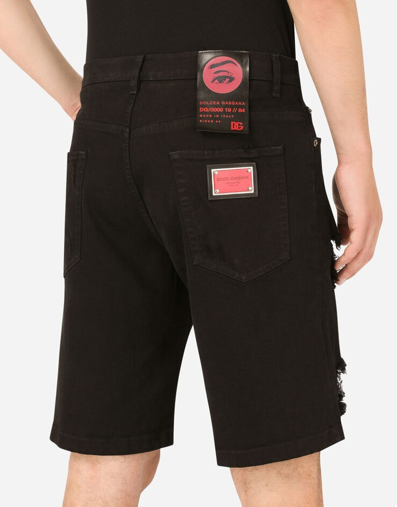 Black denim shorts with rips and patch embellishment 5