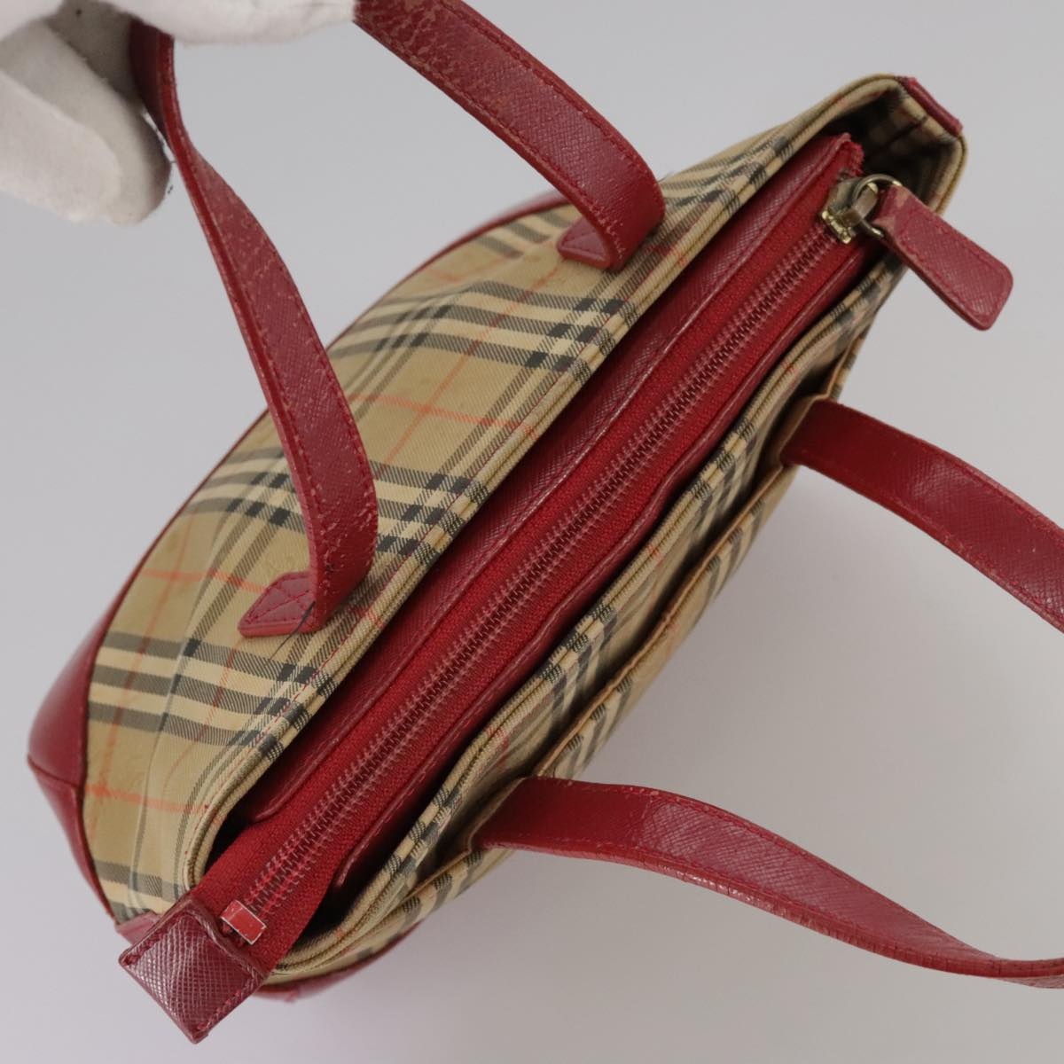 Burberry Nova Check Hand Bag Canvas Beige Red - 6