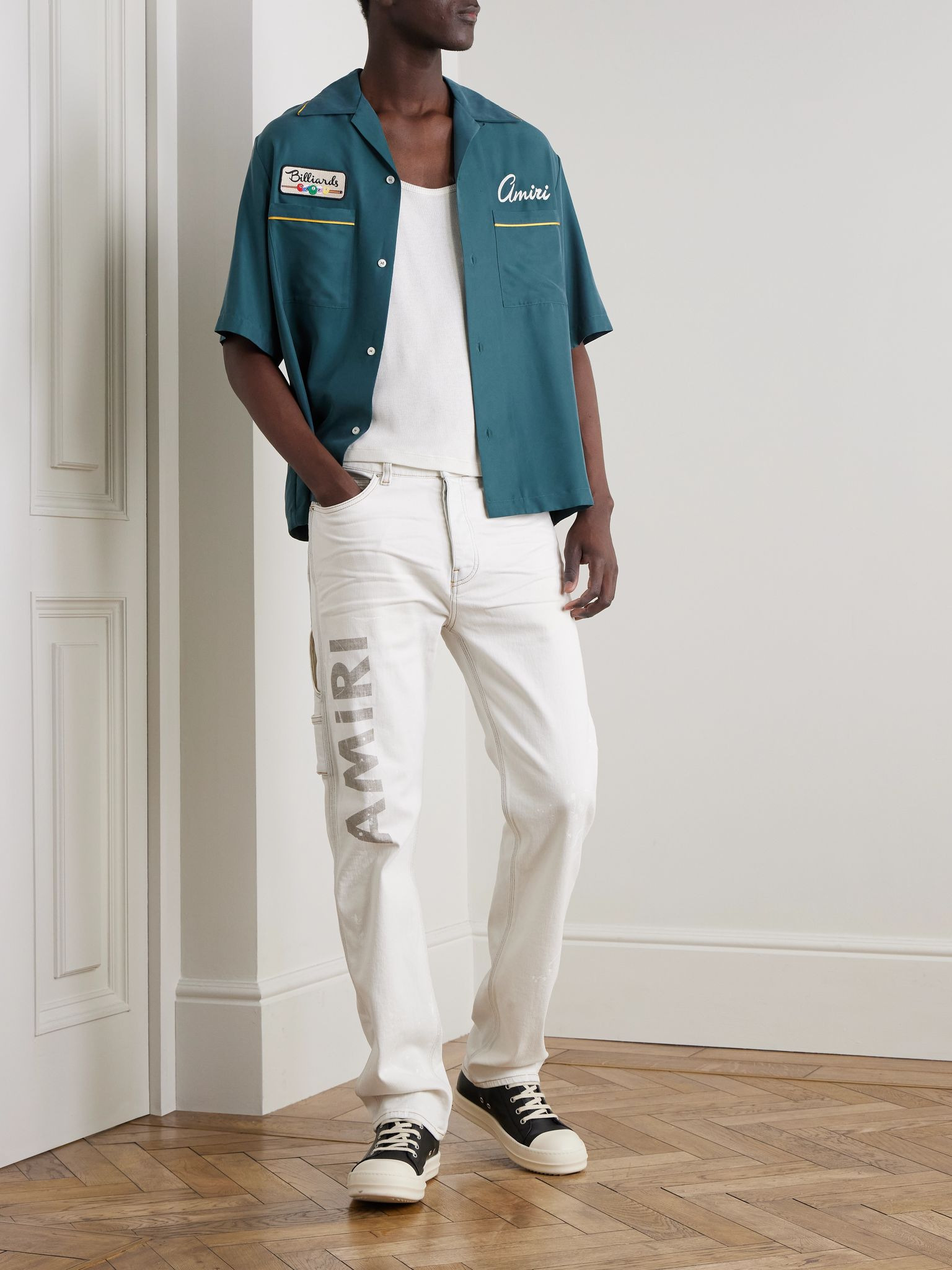Slim-Fit Straight-Leg Logo-Print Paint-Splattered Jeans Blue - 2