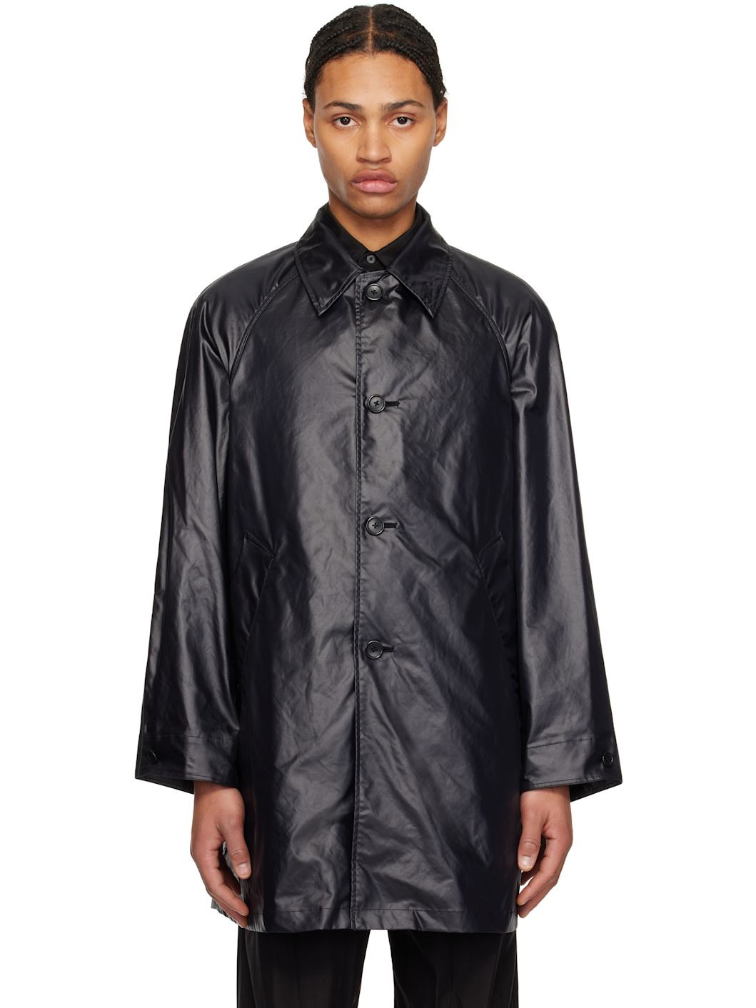 Black Leather-Like Car Coat - 1