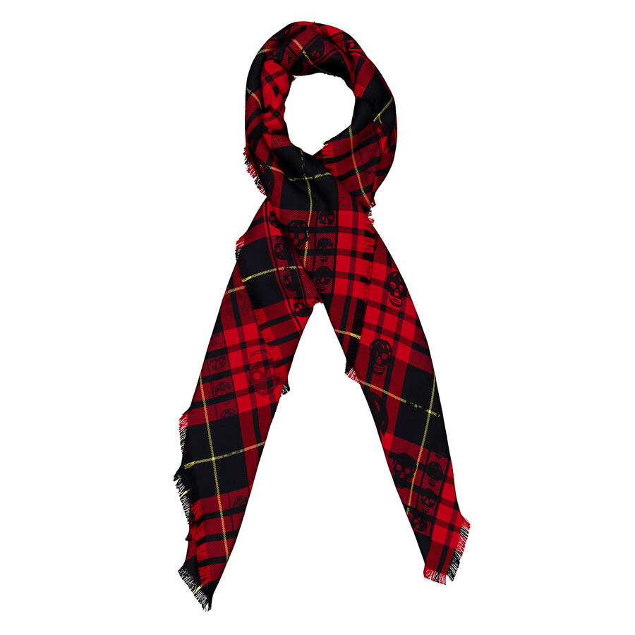 Alexander McQueen Men's Red/Black Skull Tartan Wool Scarf - 6