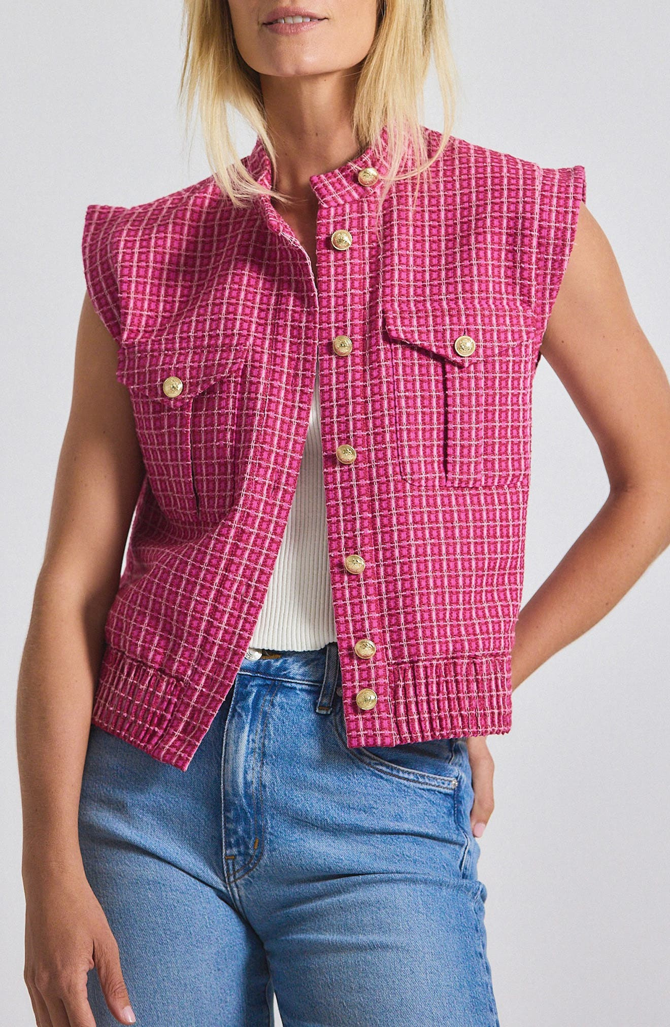 Derek Lam 10 Crosby Namira Cotton Blend Tweed Vest in Raspberry/White at Nordstrom - 1