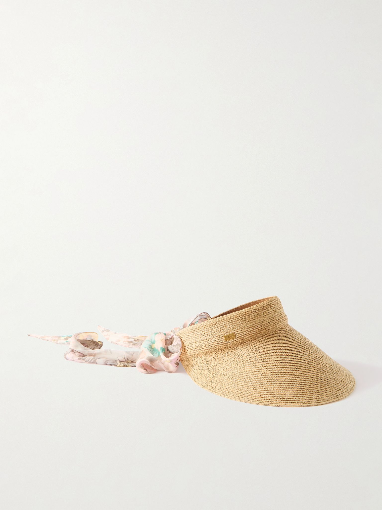 Printed chiffon-trimmed woven raffia visor Beige - 1