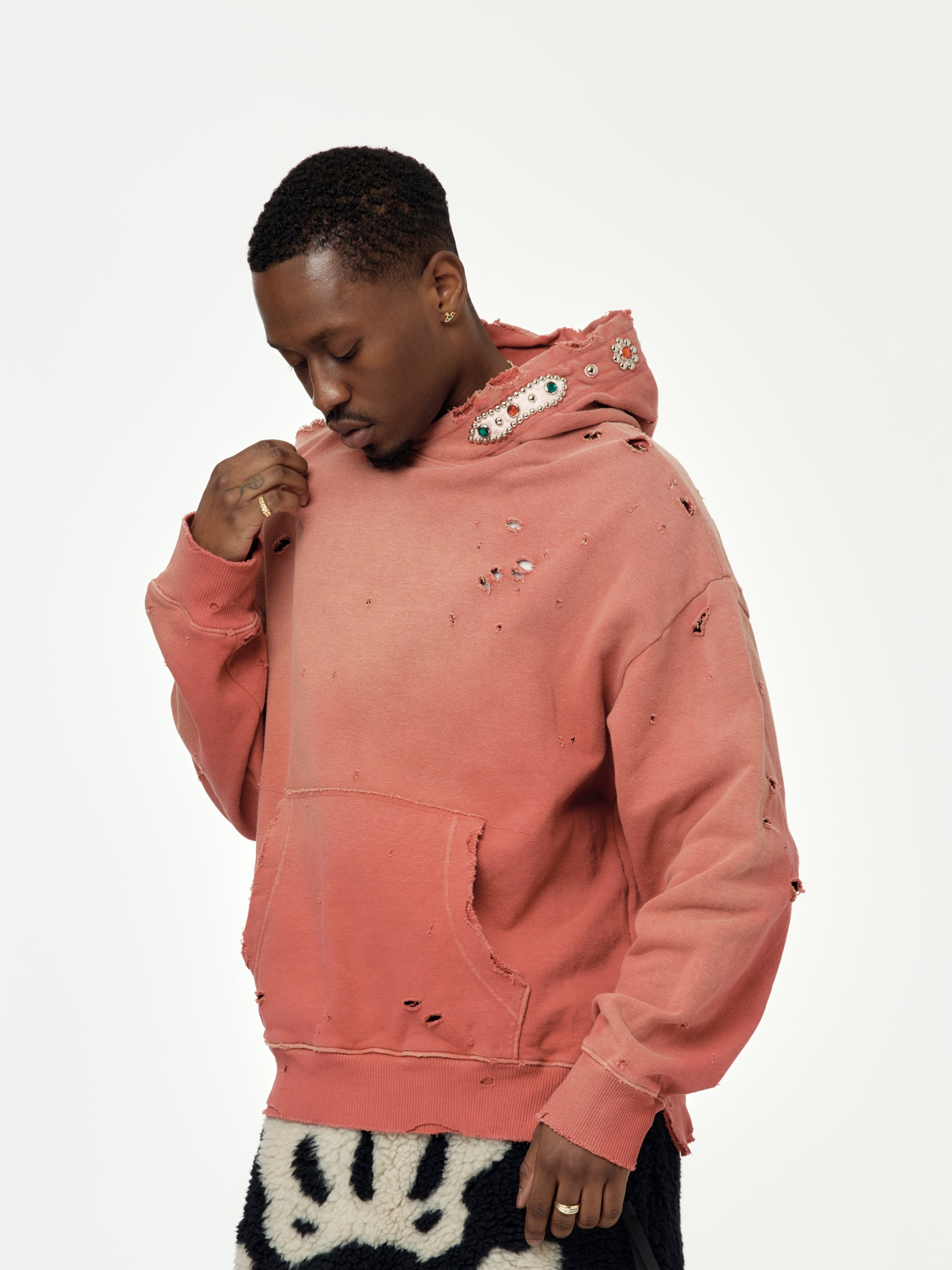 SWT KNIT THRILLER DAMAGED HOODIE (STUDS) (RED) - 2