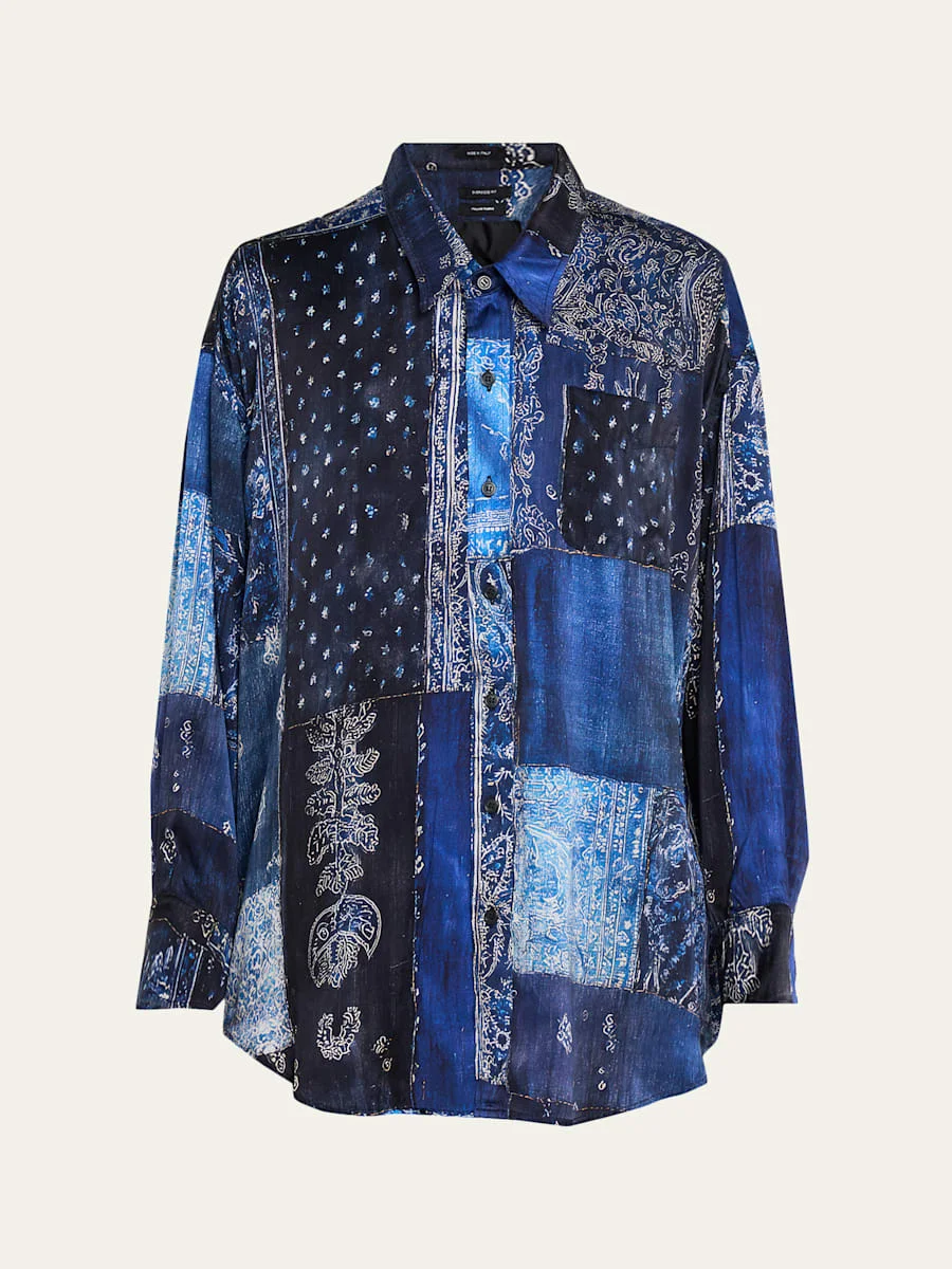 Long-Sleeve Silk Patchwork Shirt - 1