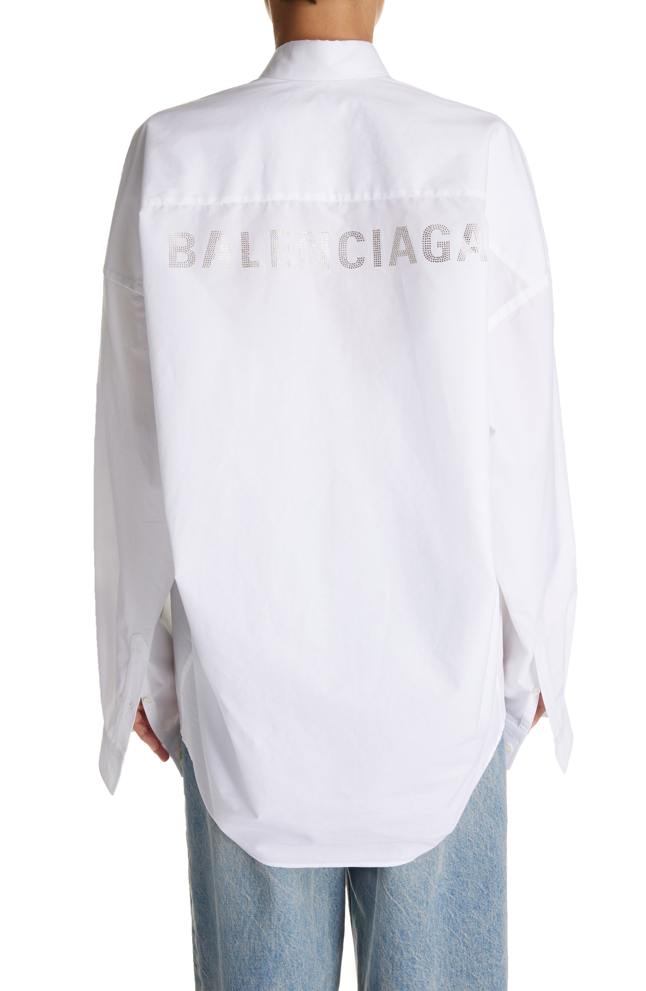 Oversize Crystal Logo Cotton Button-Up Cocoon Shirt - 2