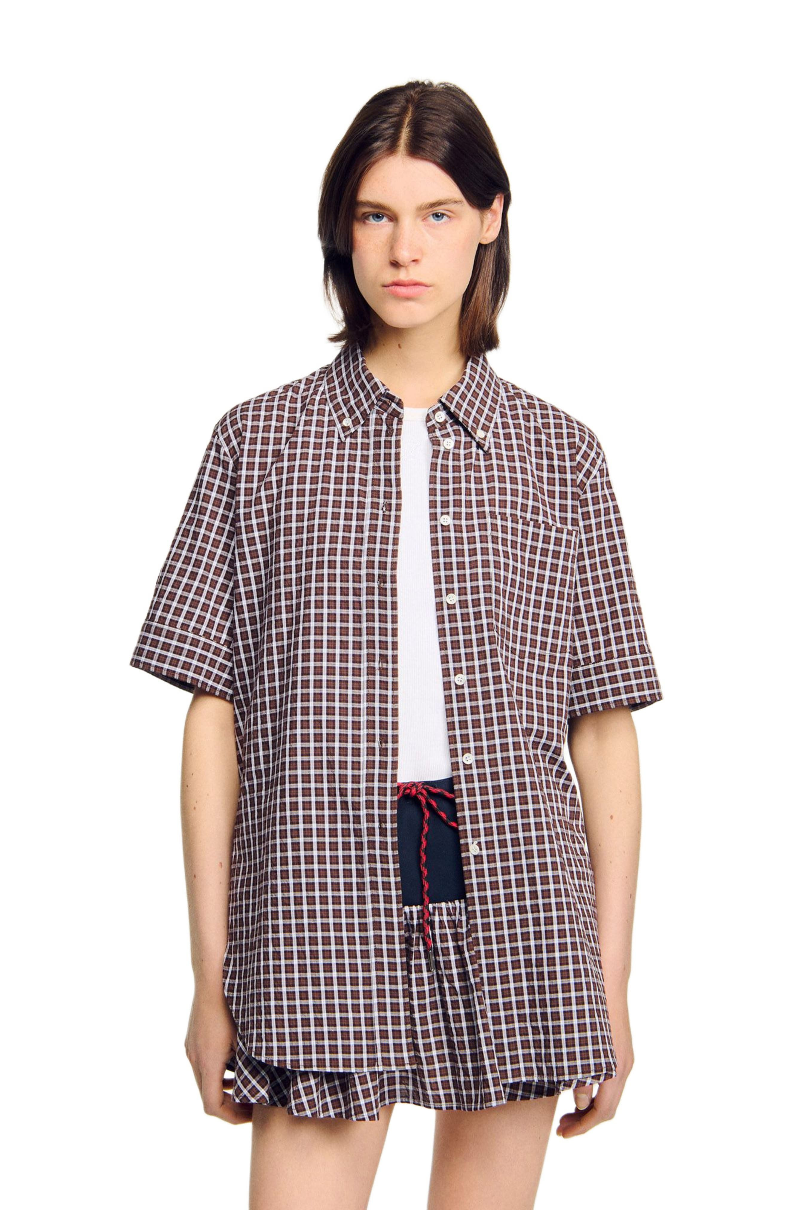 SANDRO Oversized checkered shirt in Brown at Nordstrom - 3