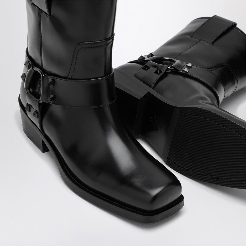 Valentino Garavani Black Leather Biker Rockstud Low Boot Women - 4