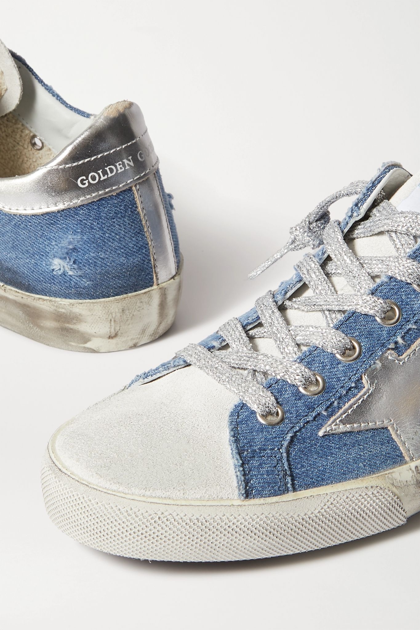 Superstar distressed denim and leather sneakers - 5