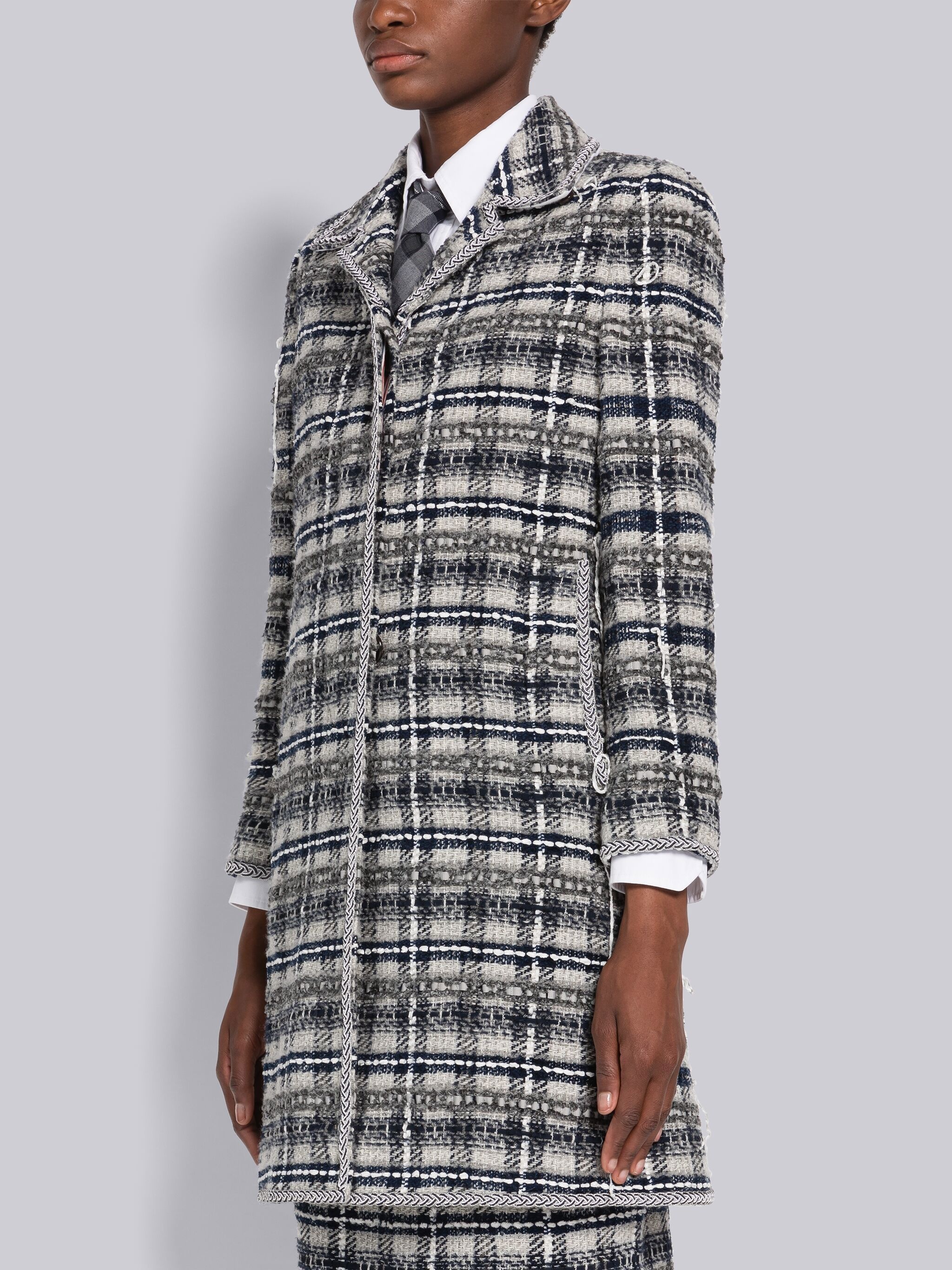 Tartan Ribbon Tweed Bal Collar Overcoat - 2