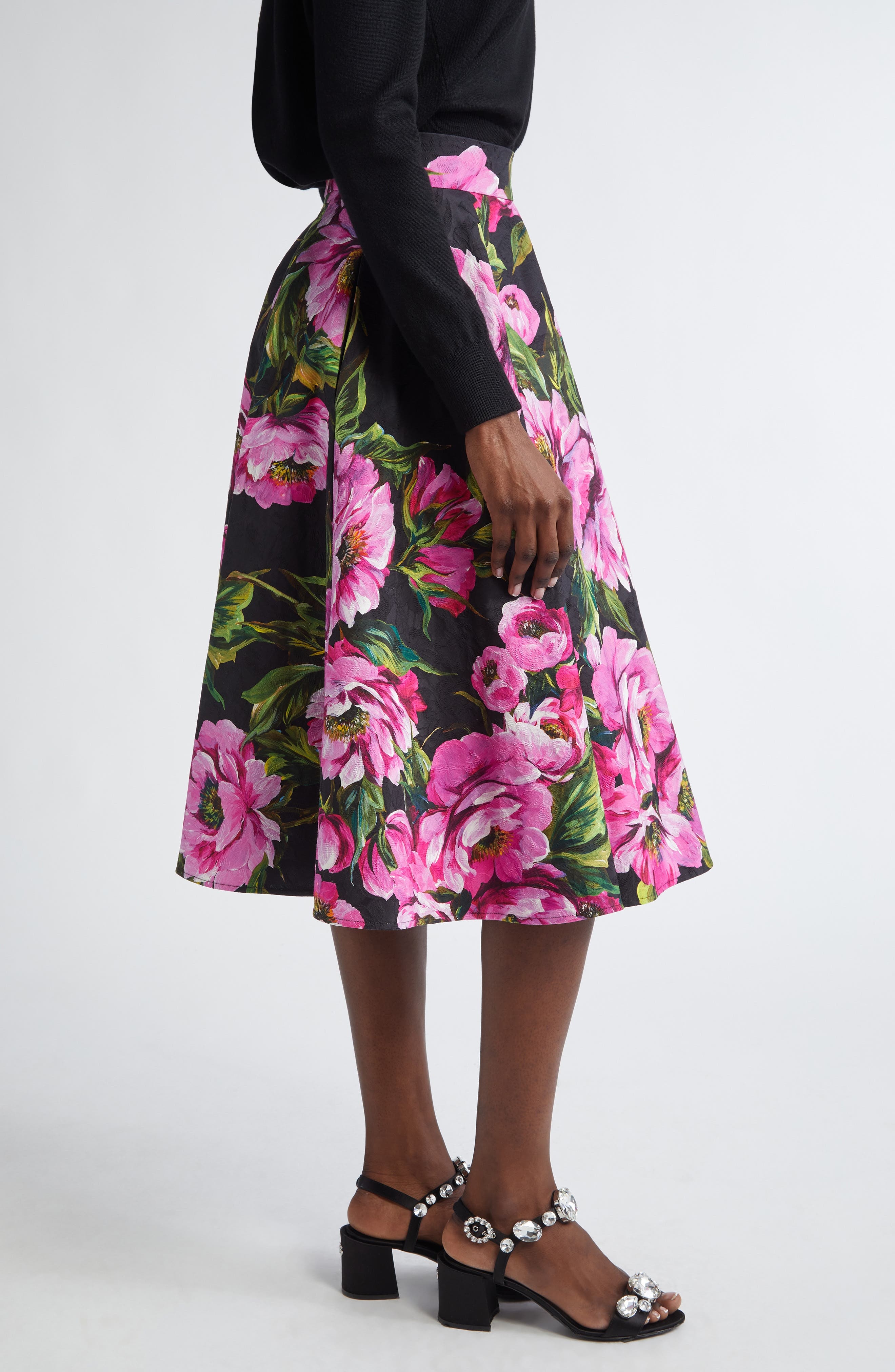 Dolce&Gabbana Peony Print Pleated Stretch Jacquard Skirt in Peonie Fuxia F.nero at Nordstrom - 4