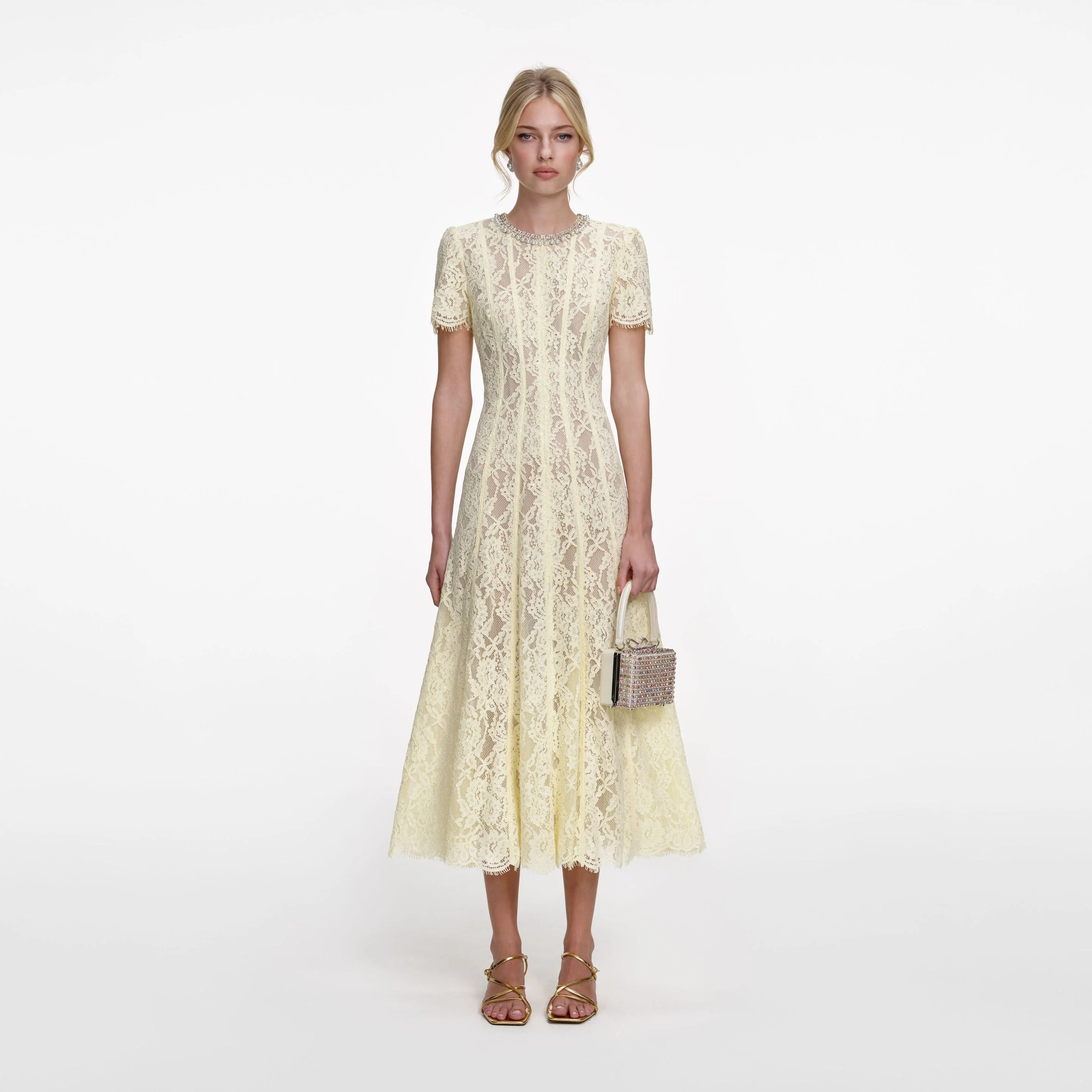 Yellow Lace Embellished Midi Dress - 1