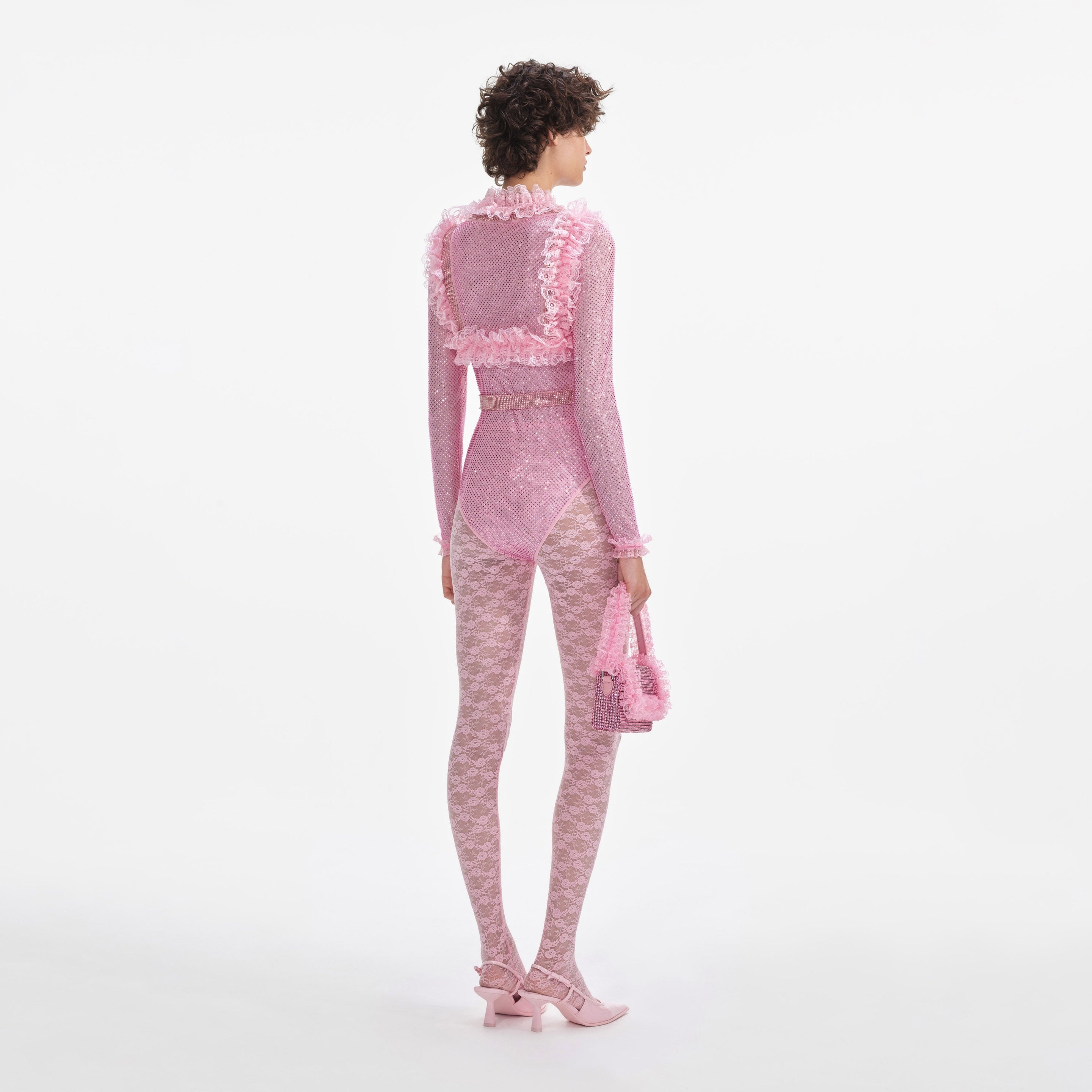 Pink Rhinestone Mesh Ruffle Bodysuit - 3