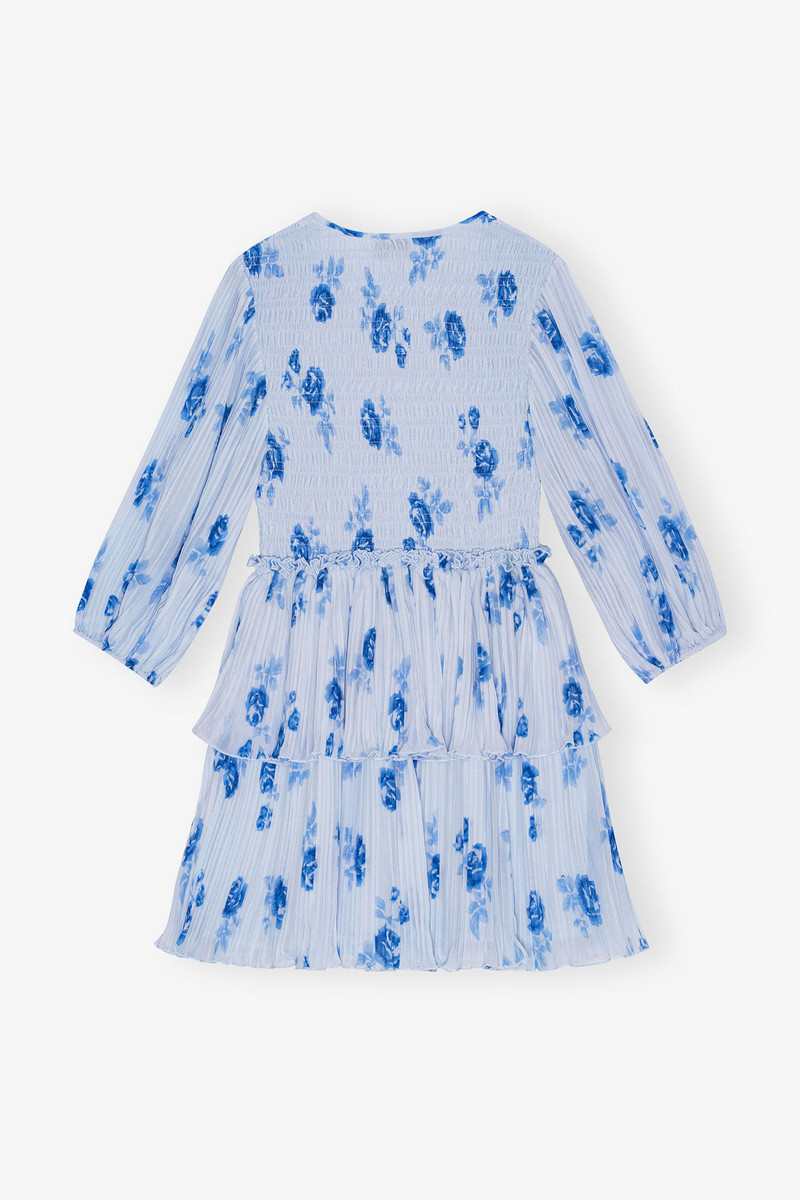 BLUE PLEATED GEORGETTE FLOUNCE SMOCK MINI DRESS 6
