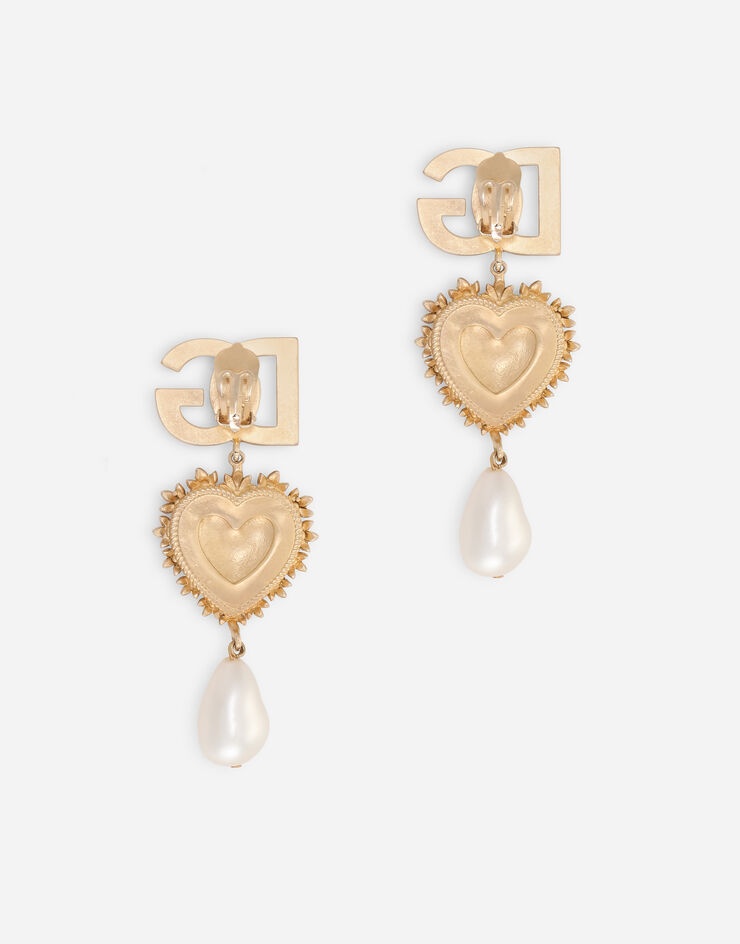 Clip-on drop earrings with decorative sacred heart, DG logo and pearl details - 3