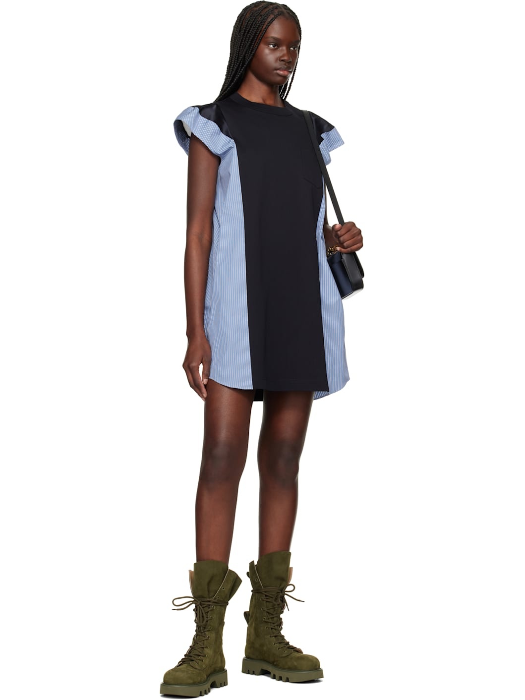 Black & Navy Poplin & Cotton Jersey Minidress - 4