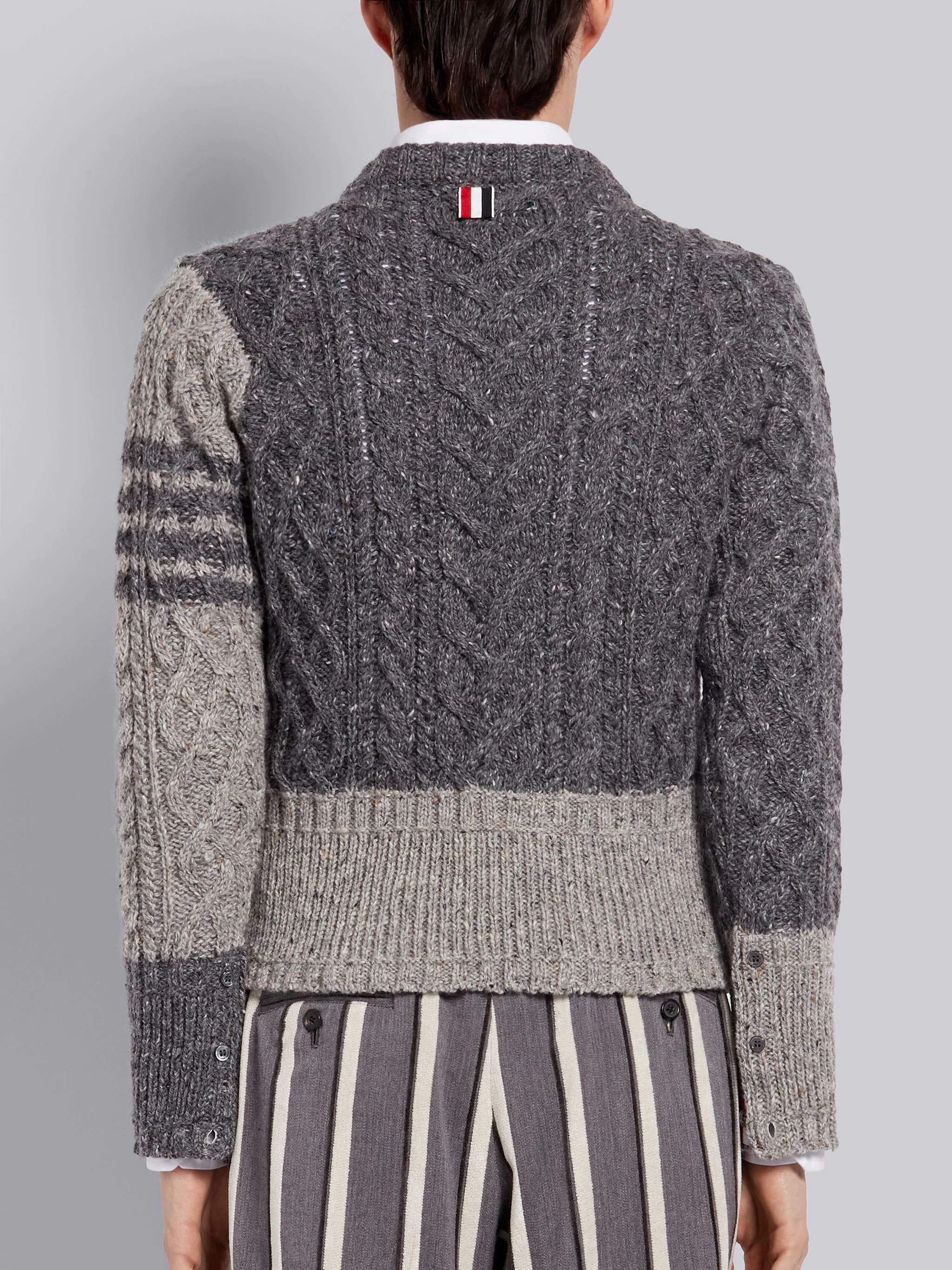 Tonal Grey Wool Mohair Tweed Fun-Mix Aran Cable Crewneck 4-Bar Pullover - 3