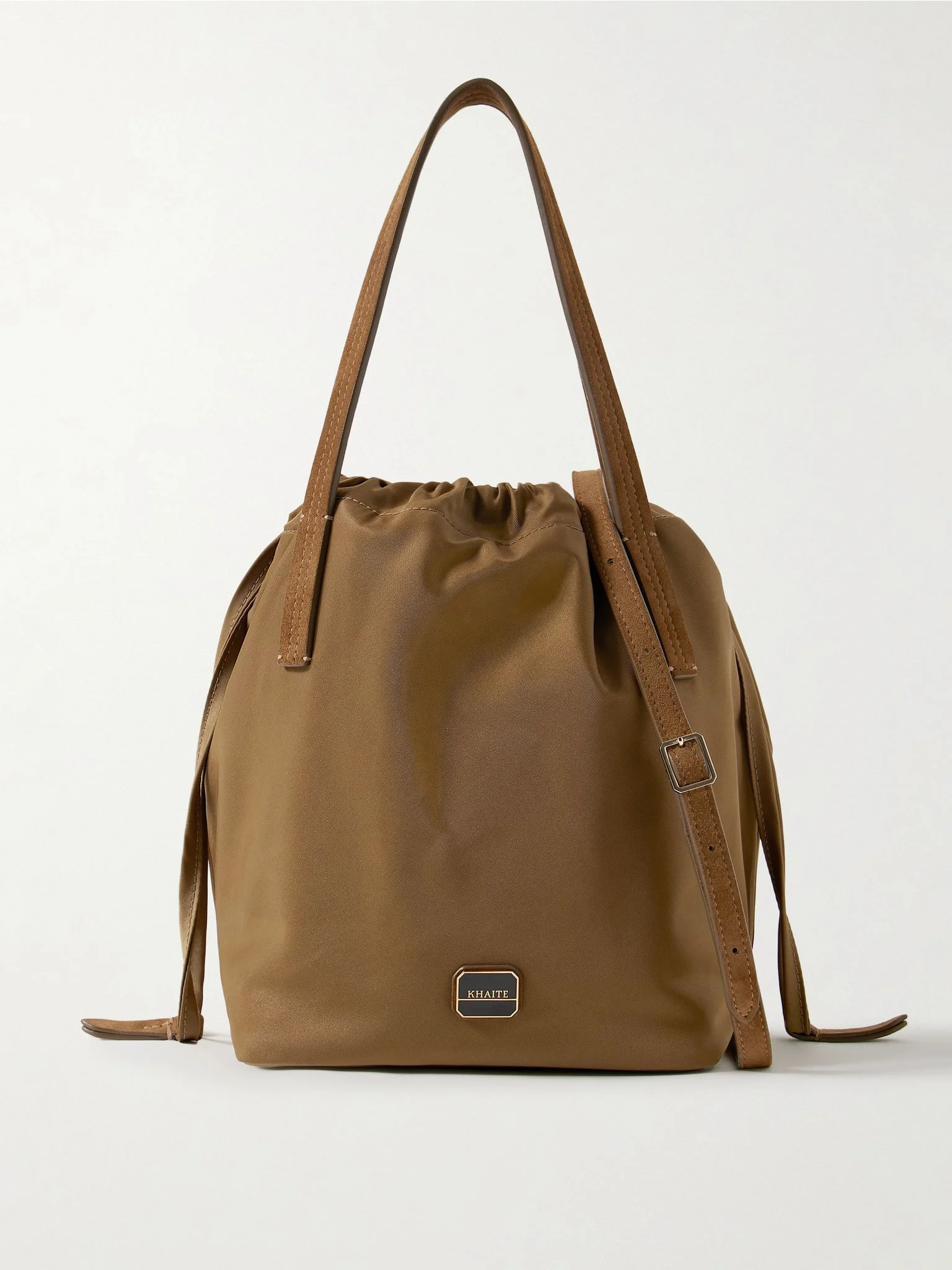 Rory suede-trimmed shell bucket bag Army green - 1