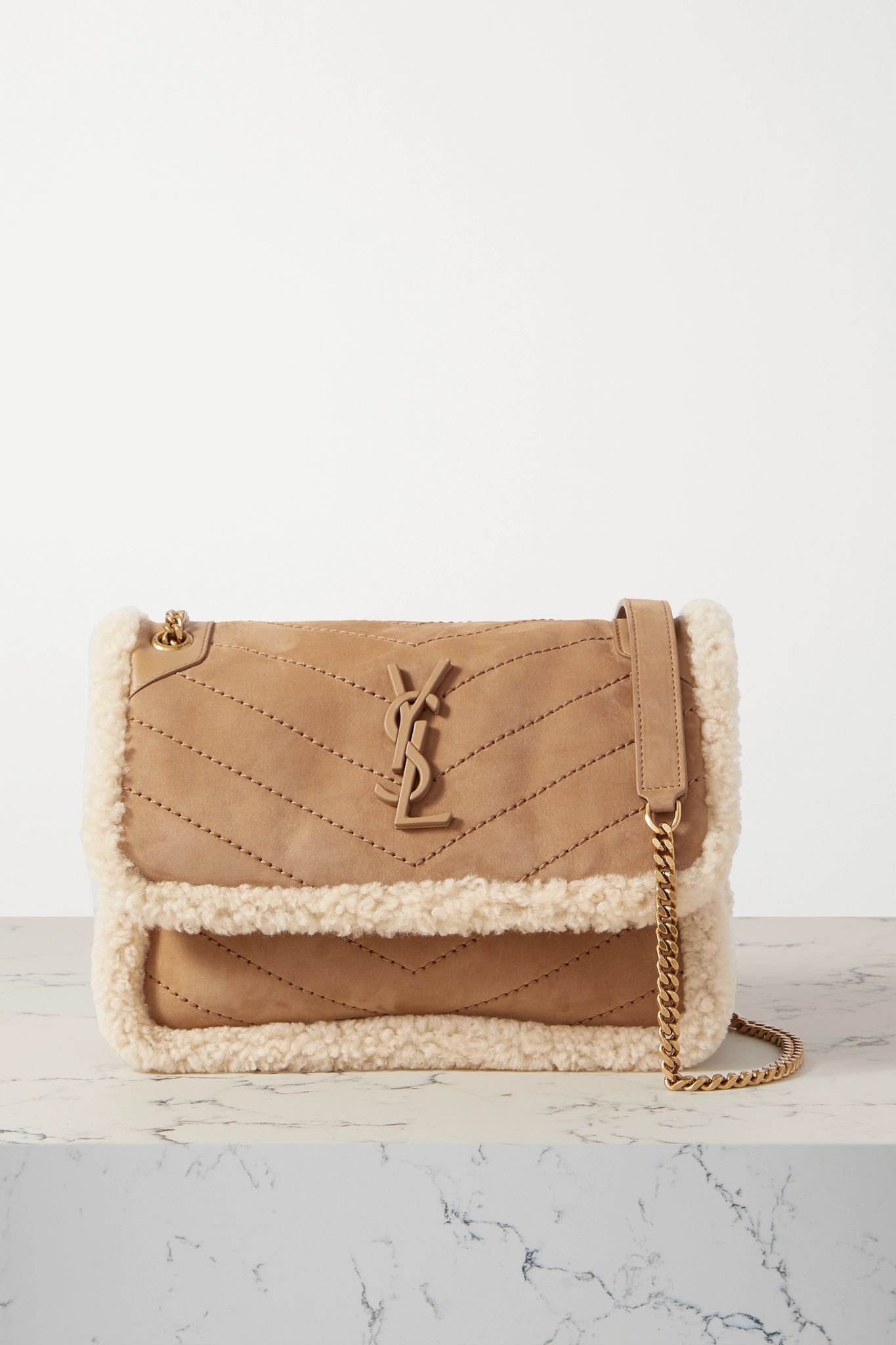 Niki Baby mini shearling-trimmed nubuck shoulder bag - 1