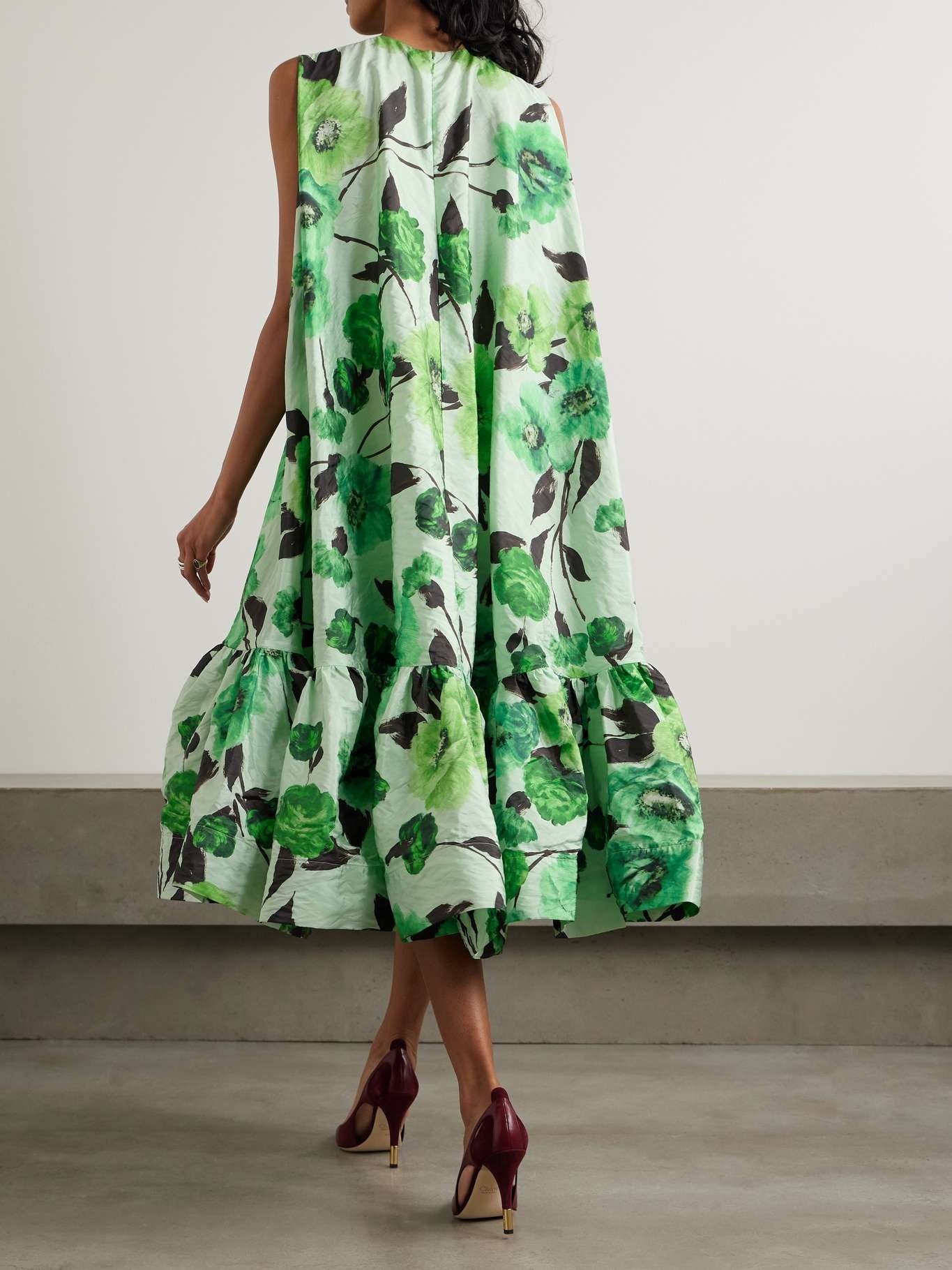 Belted cape-effect tiered floral-print crinkled-taffeta midi dress - 3