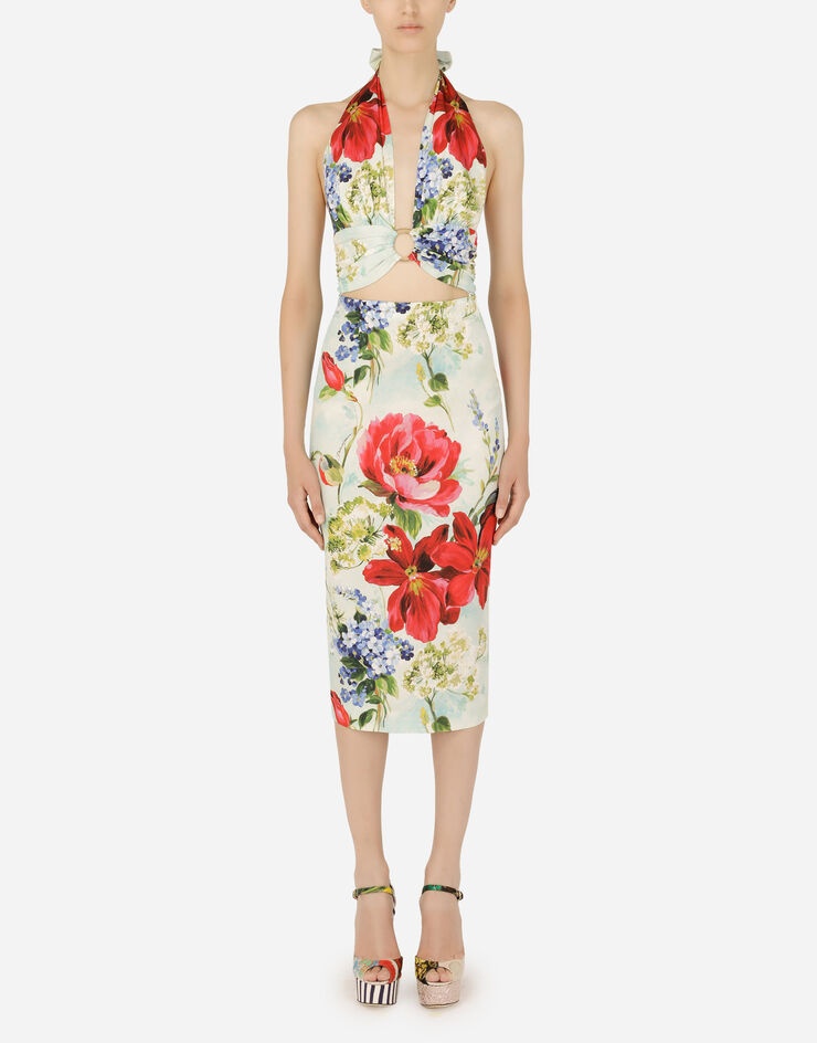 Charmeuse calf-length dress with garden print - 1