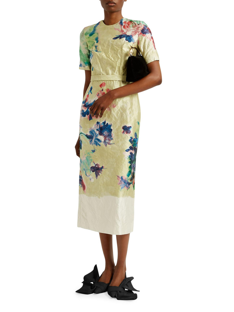 Women's Floral Crinkled Metallic Cocktail Dress - Artist Garden Venetian Yellow 3