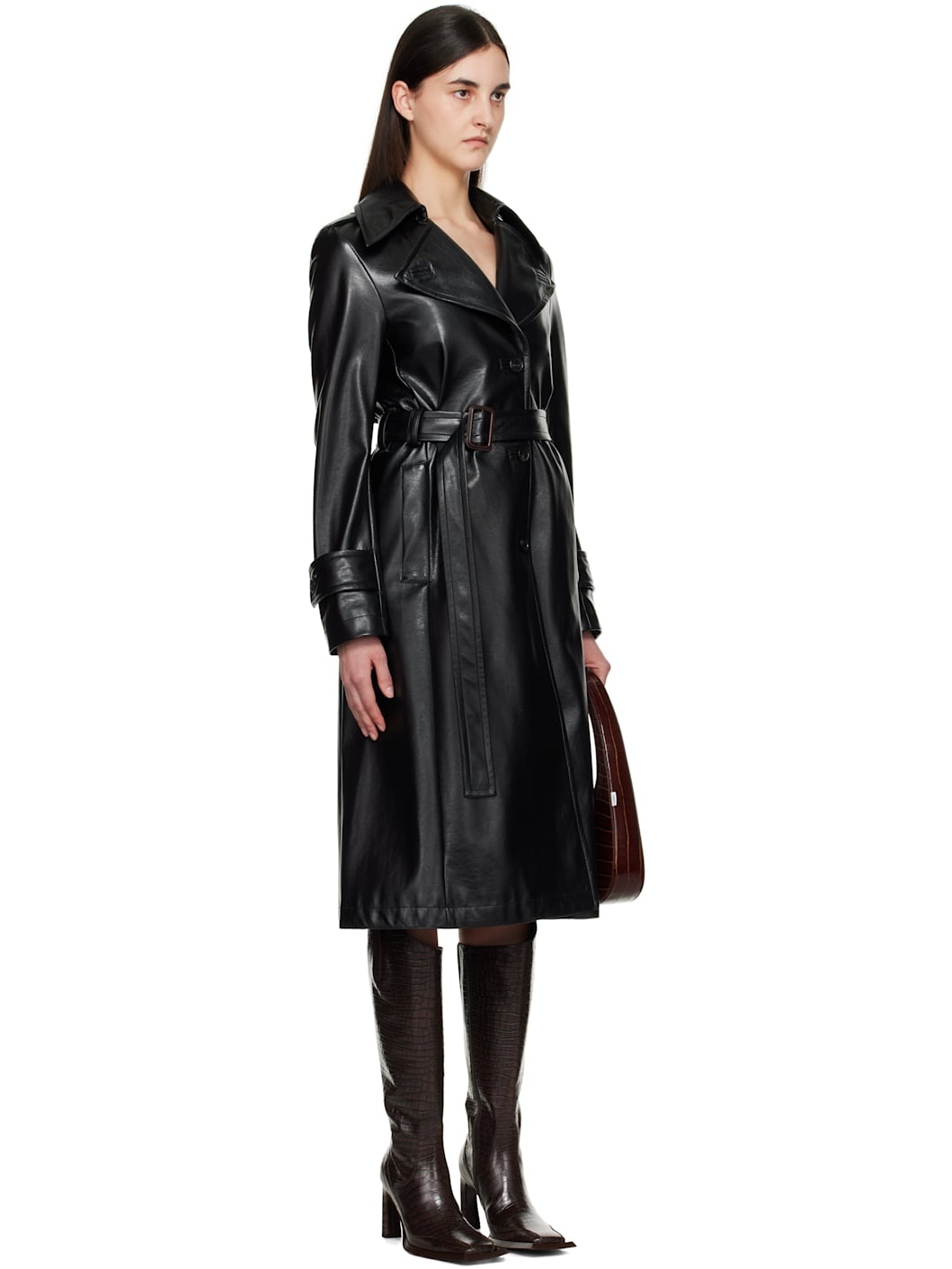 Black Vintage Faux-Leather Trench Coat - 2