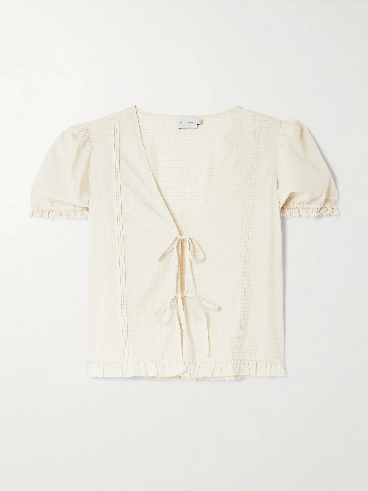 Pintuck Tie-detailed Checked Cotton-poplin Blouse - 1