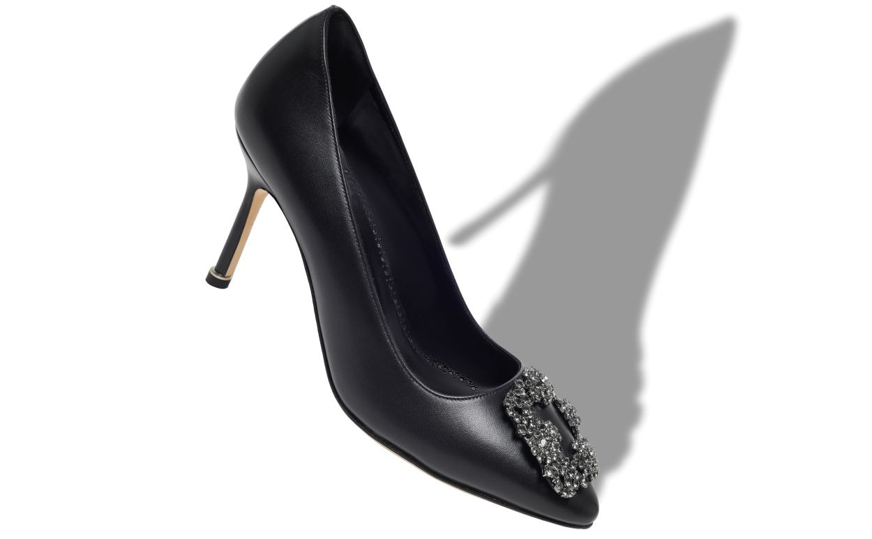 Black Calf Leather Jewel Buckle Pumps - 2