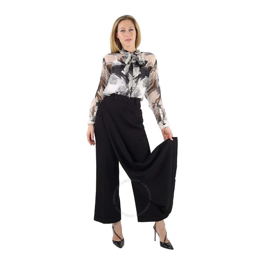 Burberry Black Skirt Panel Wool Wide Leg Trousers - 3