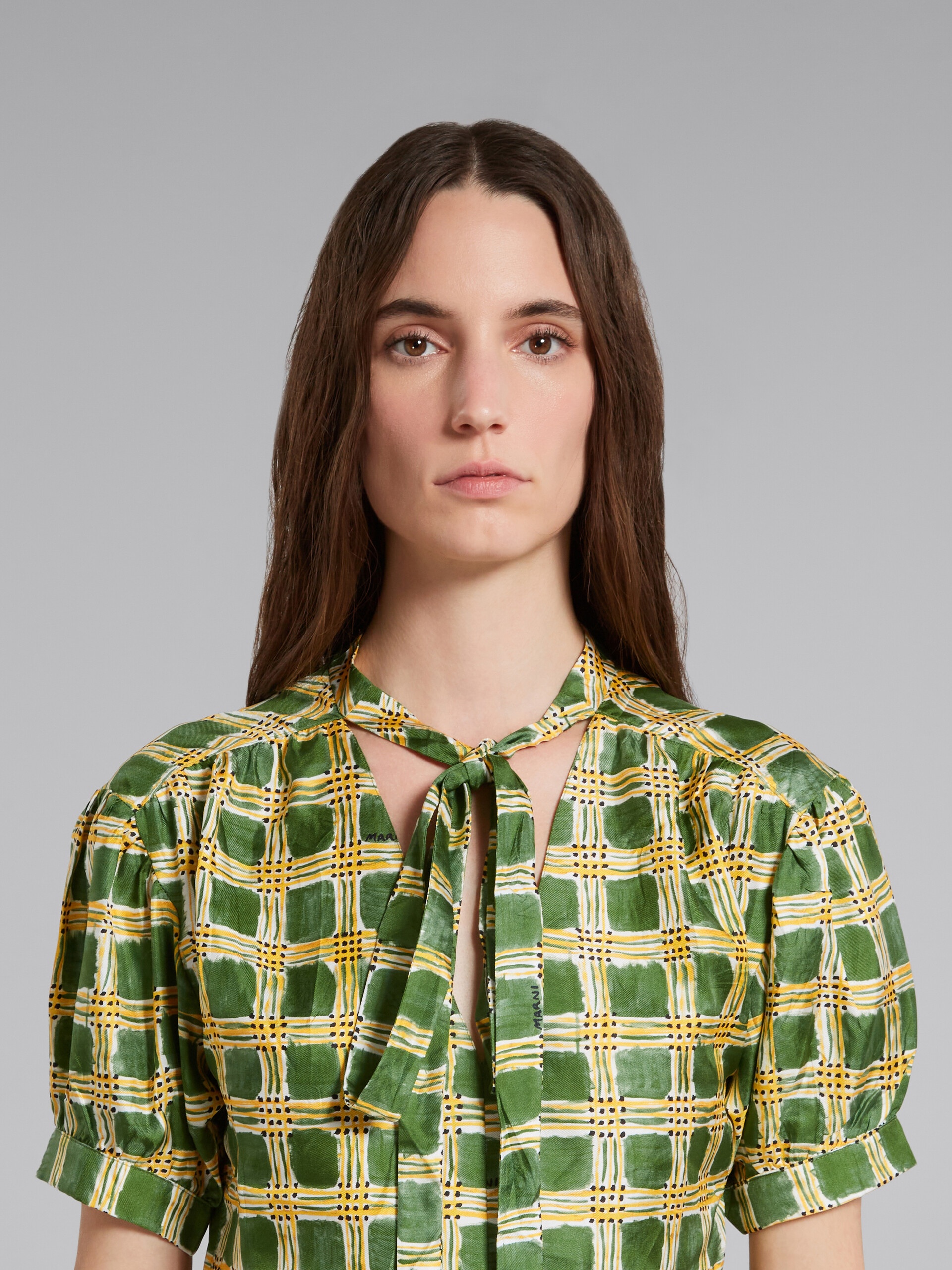 GREEN SILK TWILL TOP WITH CHECK FIELDS PRINT - 4