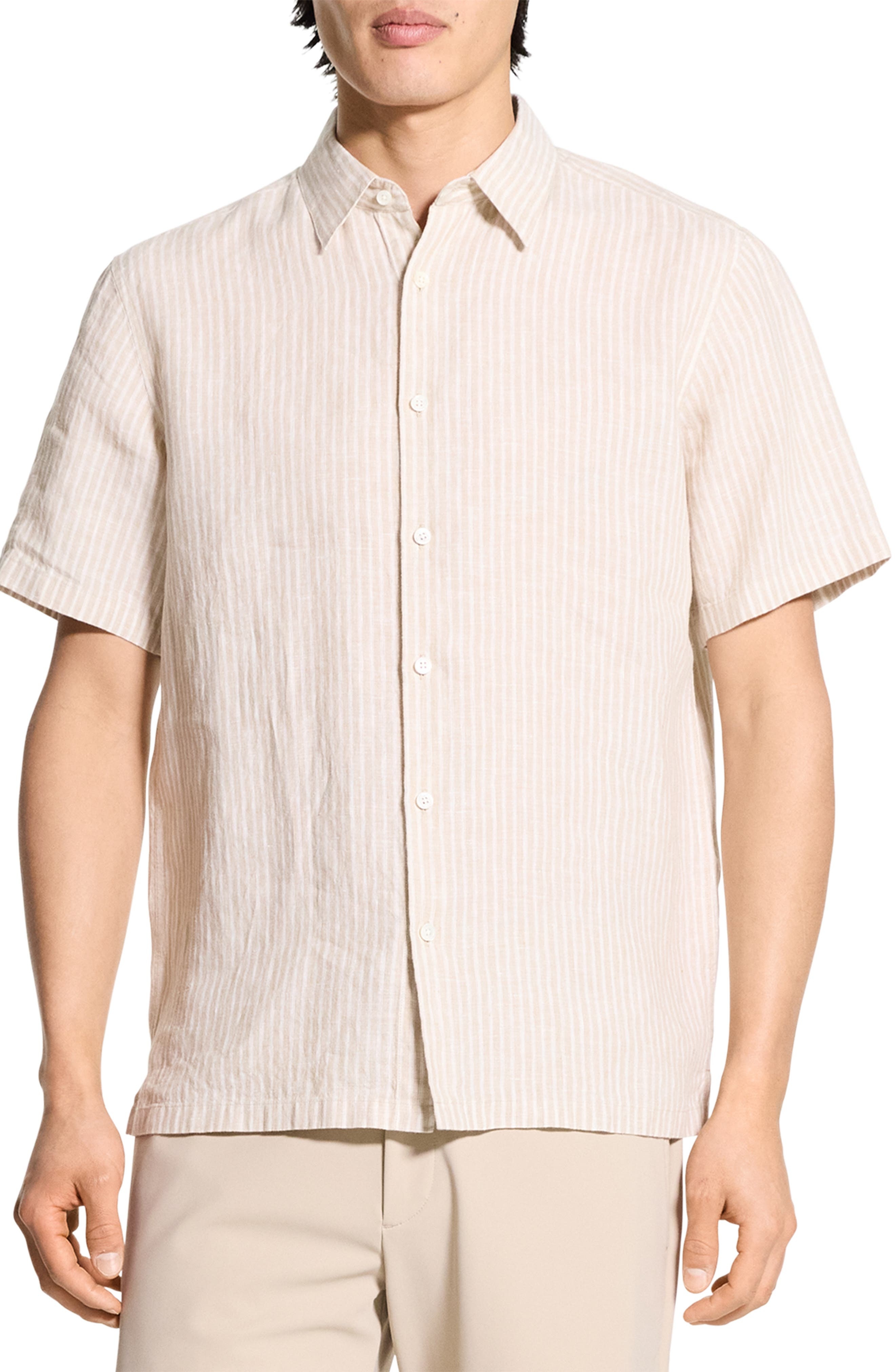 Theory Irving Stripe Short Sleeve Linen Button-Up Shirt in Chino/White at Nordstrom - 1
