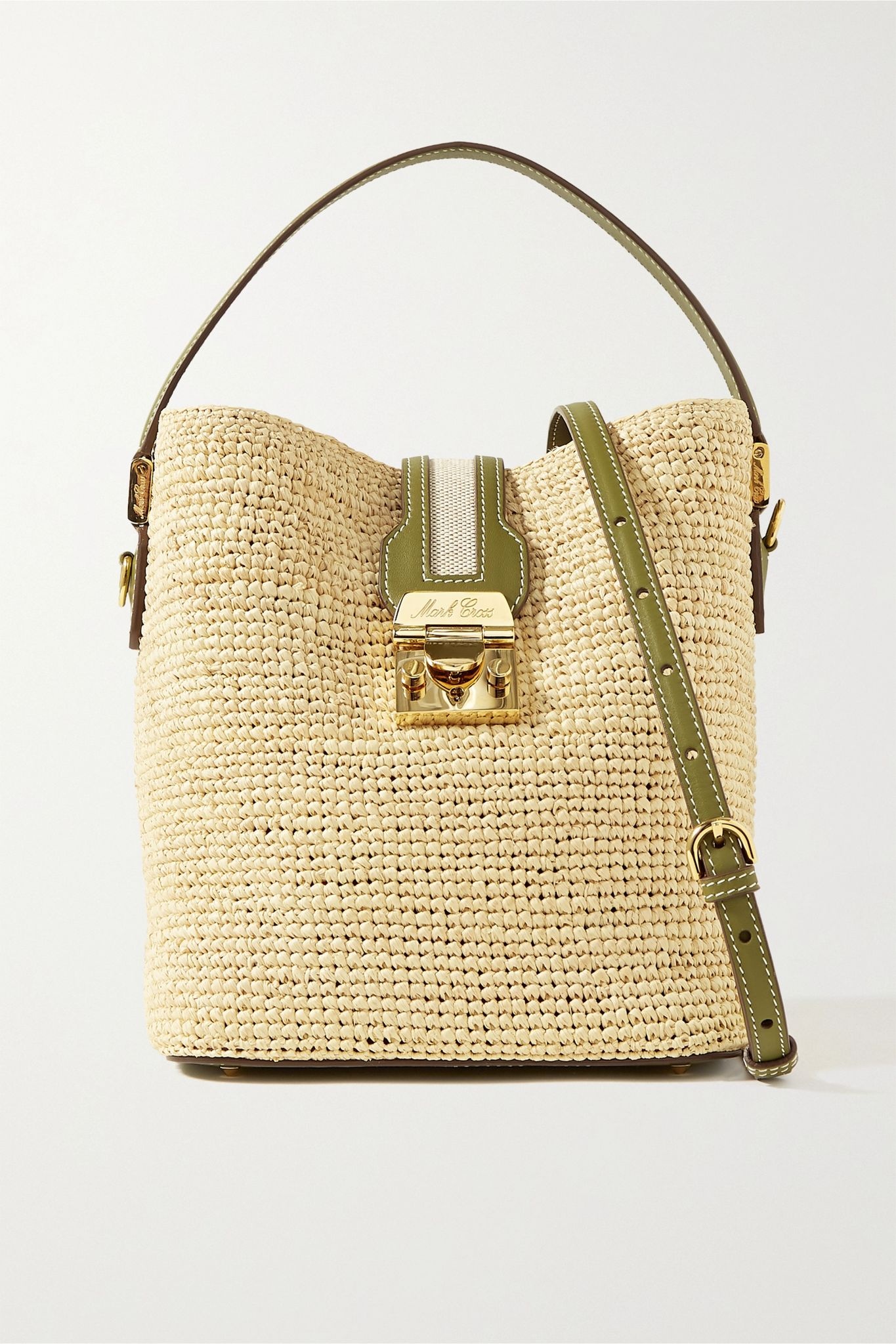 Murphy large textured leather-trimmed raffia bucket bag - 1