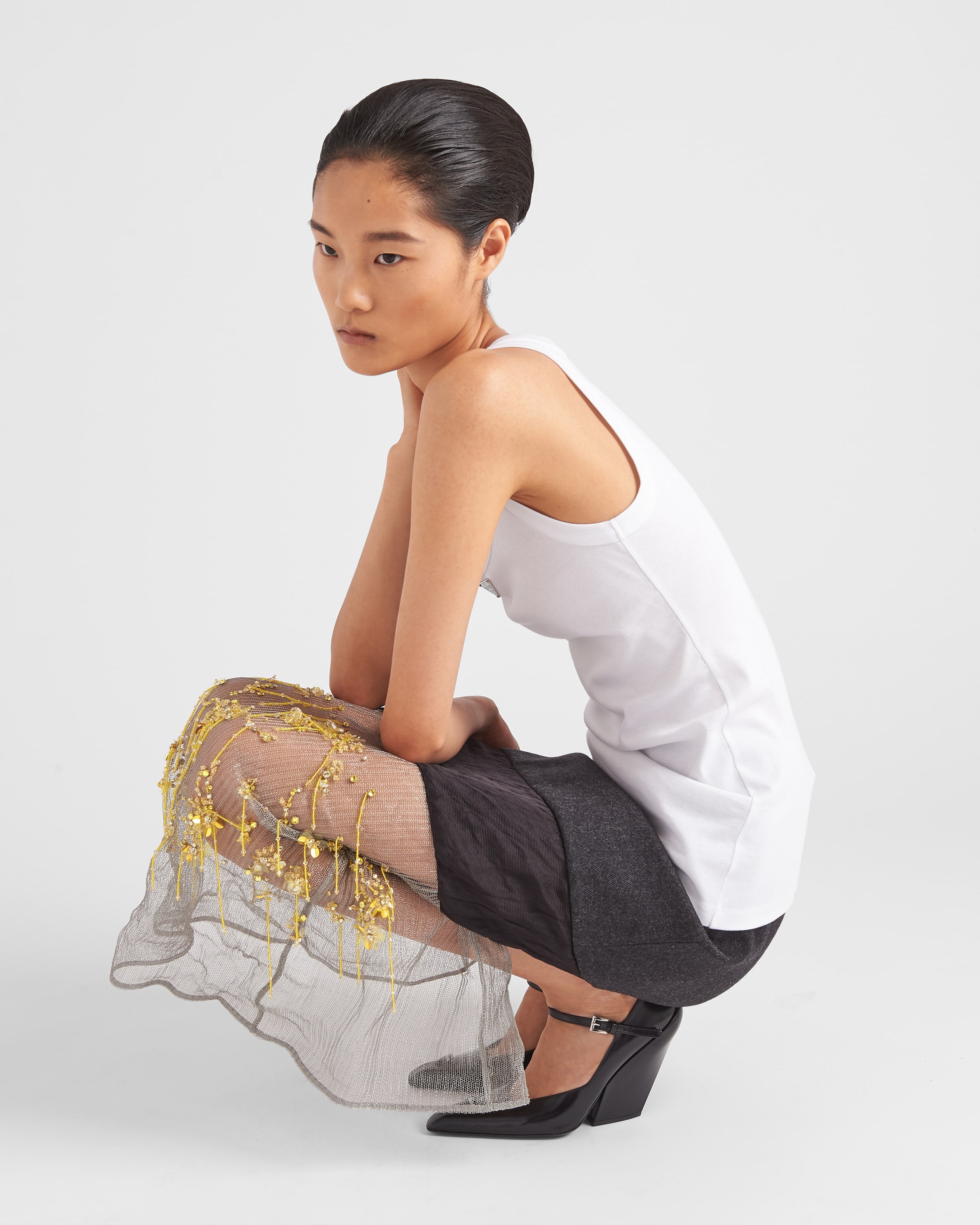 Embroidered cloth and mesh midi-skirt - 6