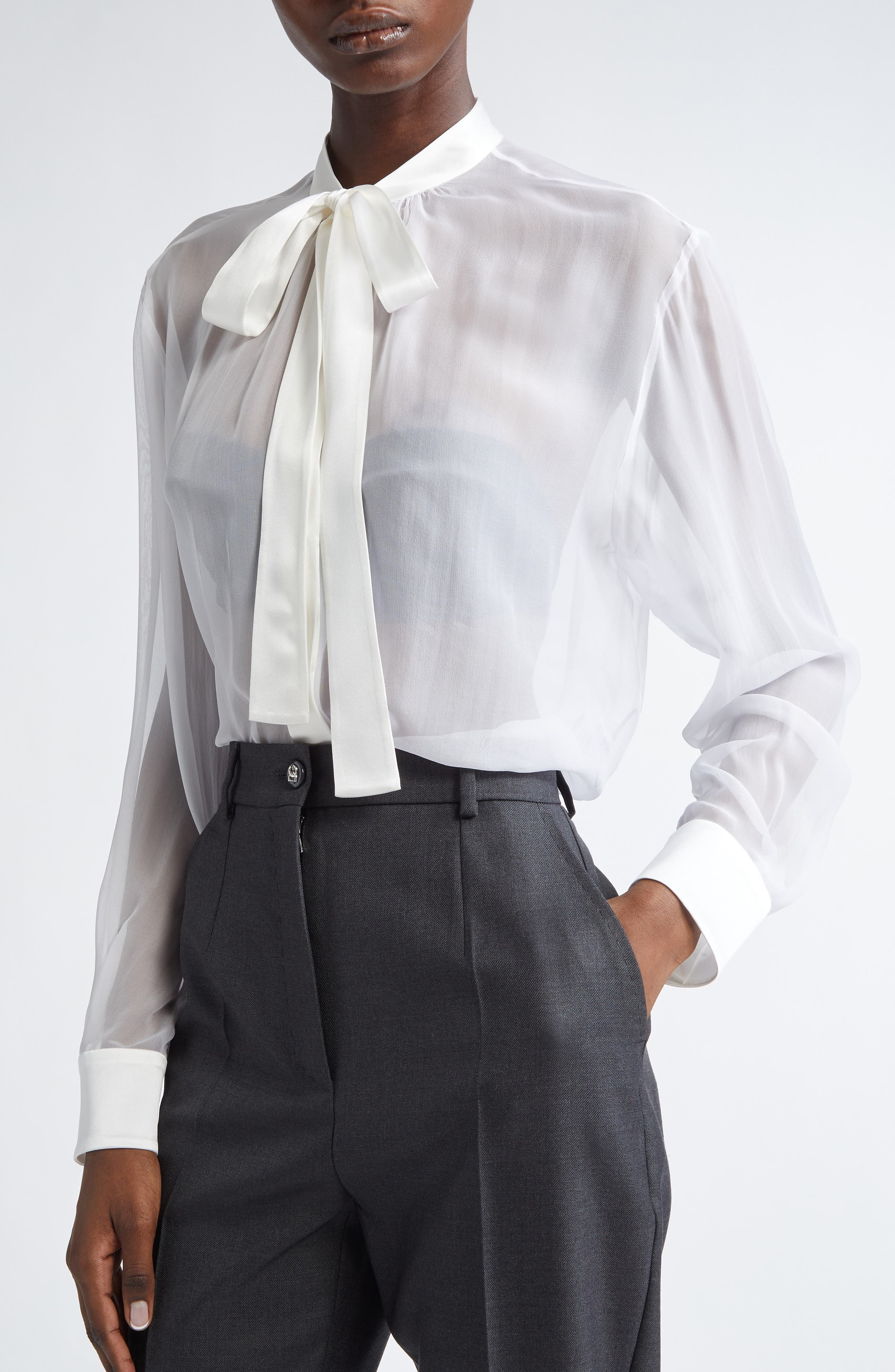 Dolce&Gabbana Sheer Silk Chiffon Tie Neck Shirt in W0800 Bianco Ottico at Nordstrom - 5