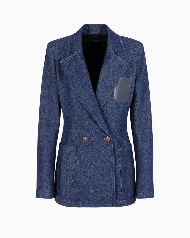 Double-breasted 11 oz denim blazer with logo leather pocket 1
