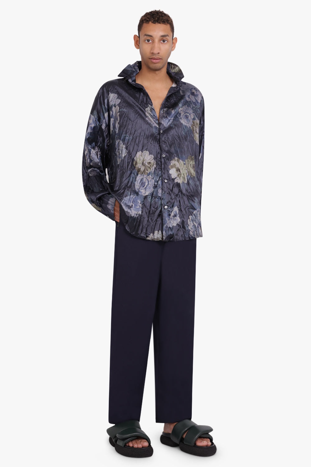 FLORAL PRINT CRINKLE SATIN SHIRT | NAVY - 2