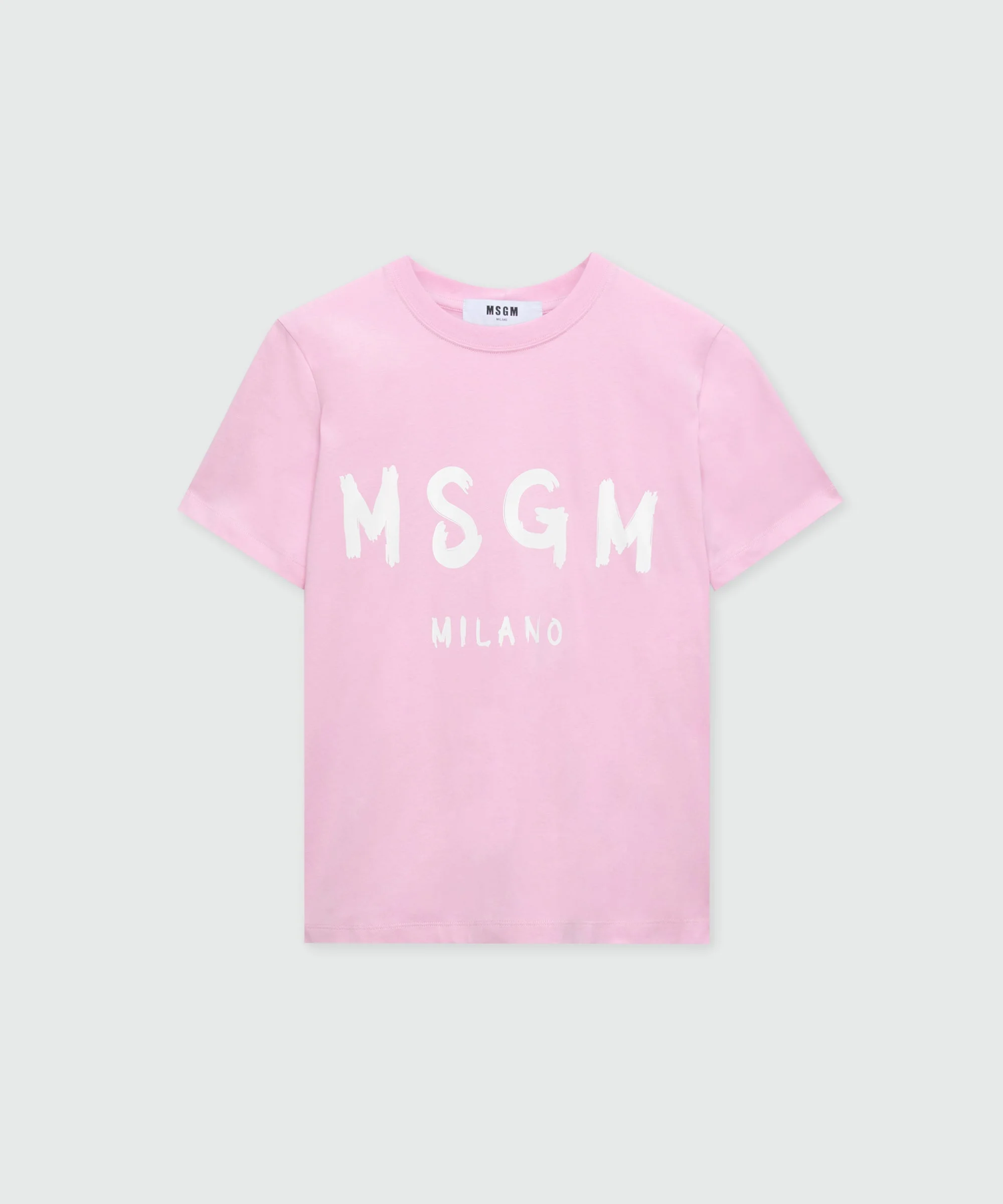 Pink short-sleeve cotton jersey T-shirt with brushed logo on the front - 1
