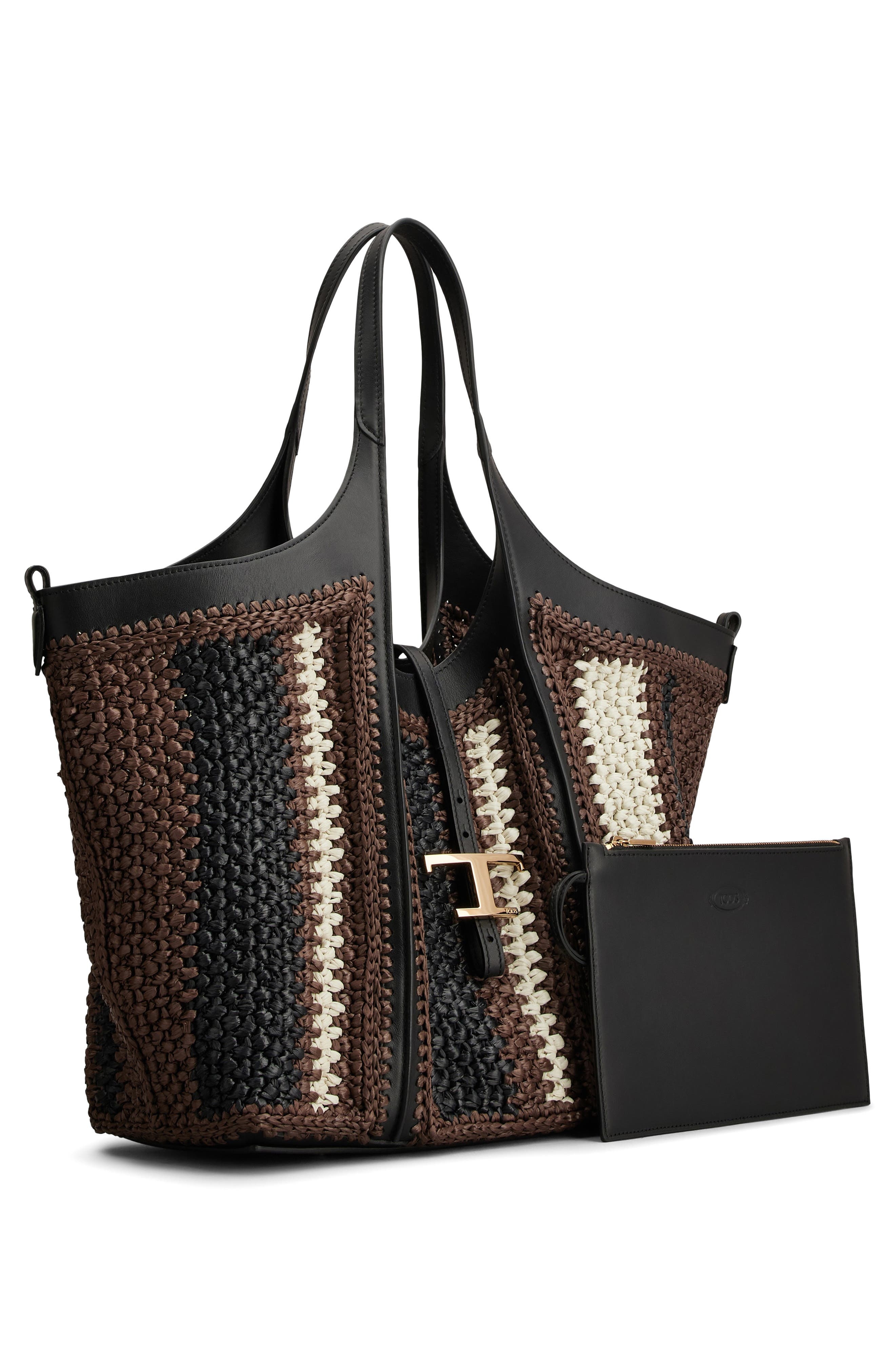 Tod's Medium T Timeless Crochet Raffia & Leather Shopping Bag in T.moro/Nero/Mastice at Nordstrom - 3
