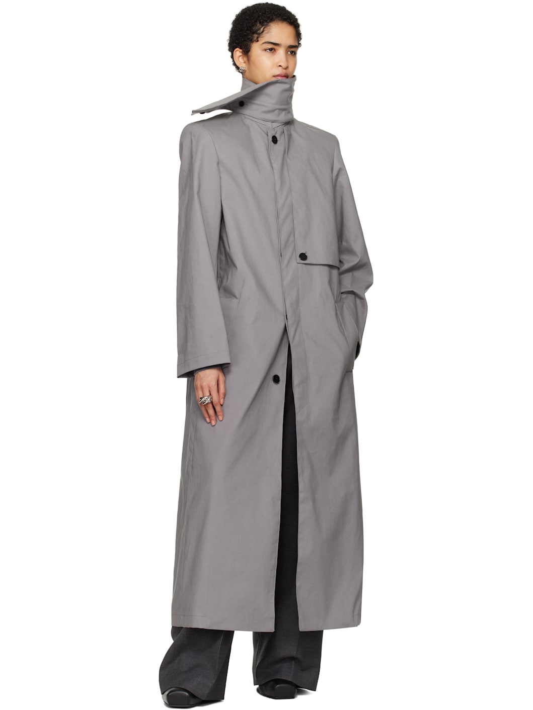 Gray Scarf Collar Trench Coat - 5