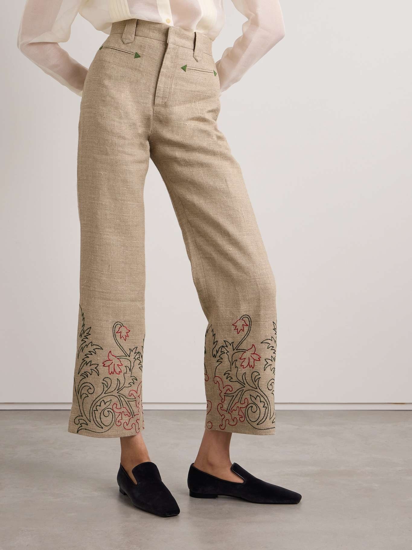 Embroidered linen wide-leg pants - 3