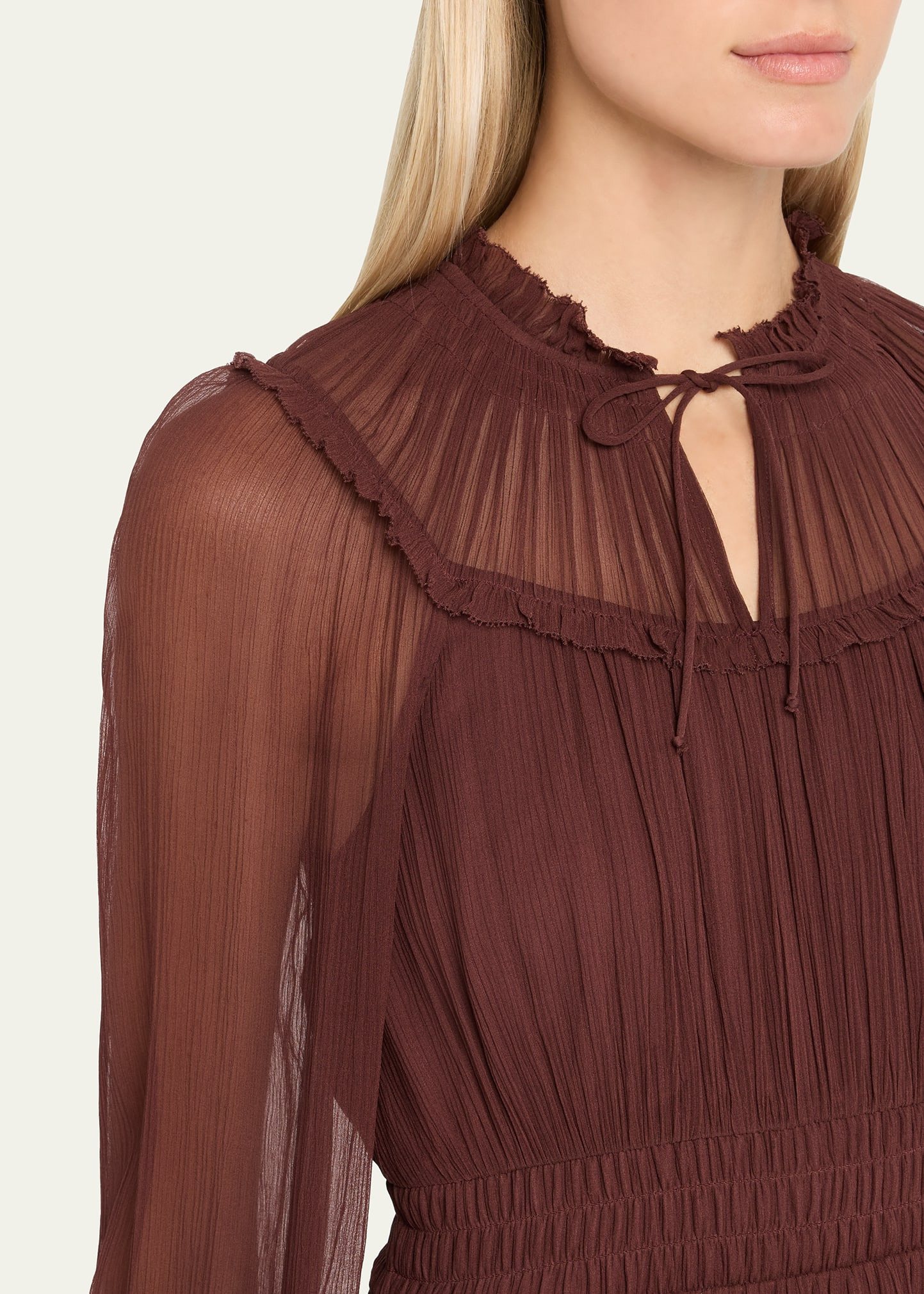 Ava Long-Sleeve Tiered Silk Mini Dress - 5