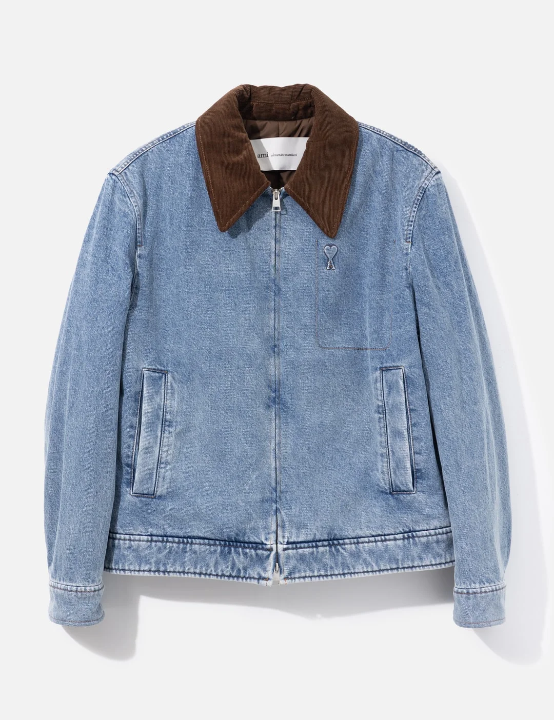 AMI PARIS AMI DE COEUR CORDUROY-TRIMMED DENIM JACKET - 1