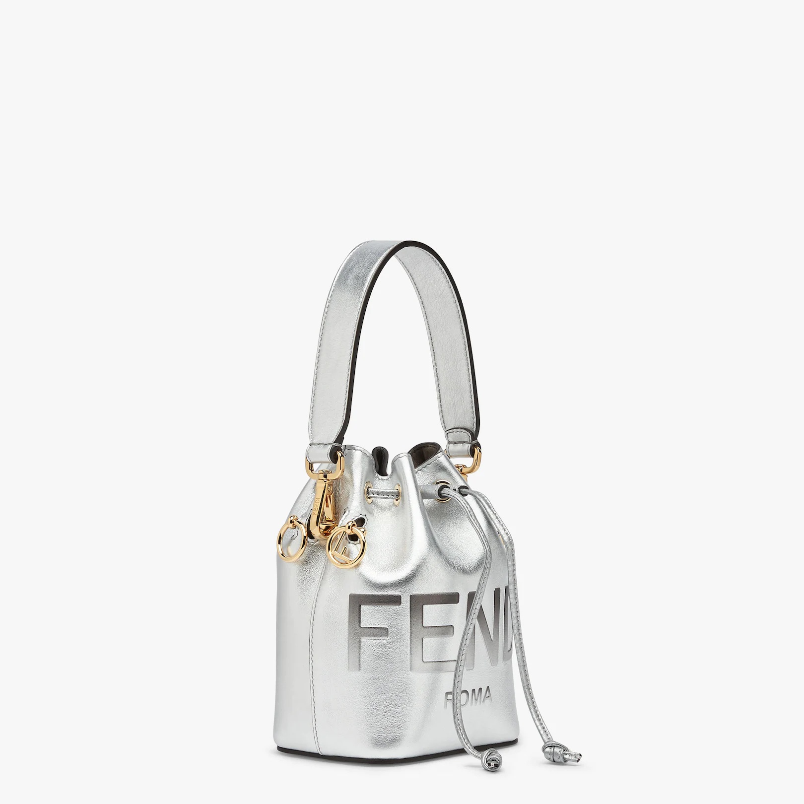 Small Mon Tresor bucket bag in silver leather, with hot-stamped graduated FENDI ROMA print. Lined in - 2