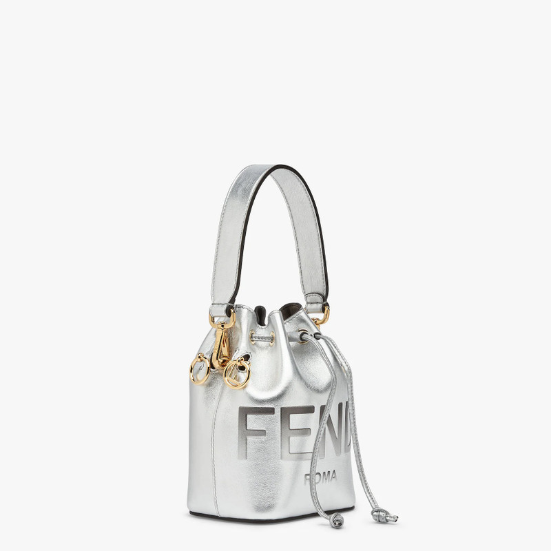 FENDI Small Mon Tresor bucket bag in silver leather, with hot-stamped graduated FENDI ROMA print. Lined in outlook